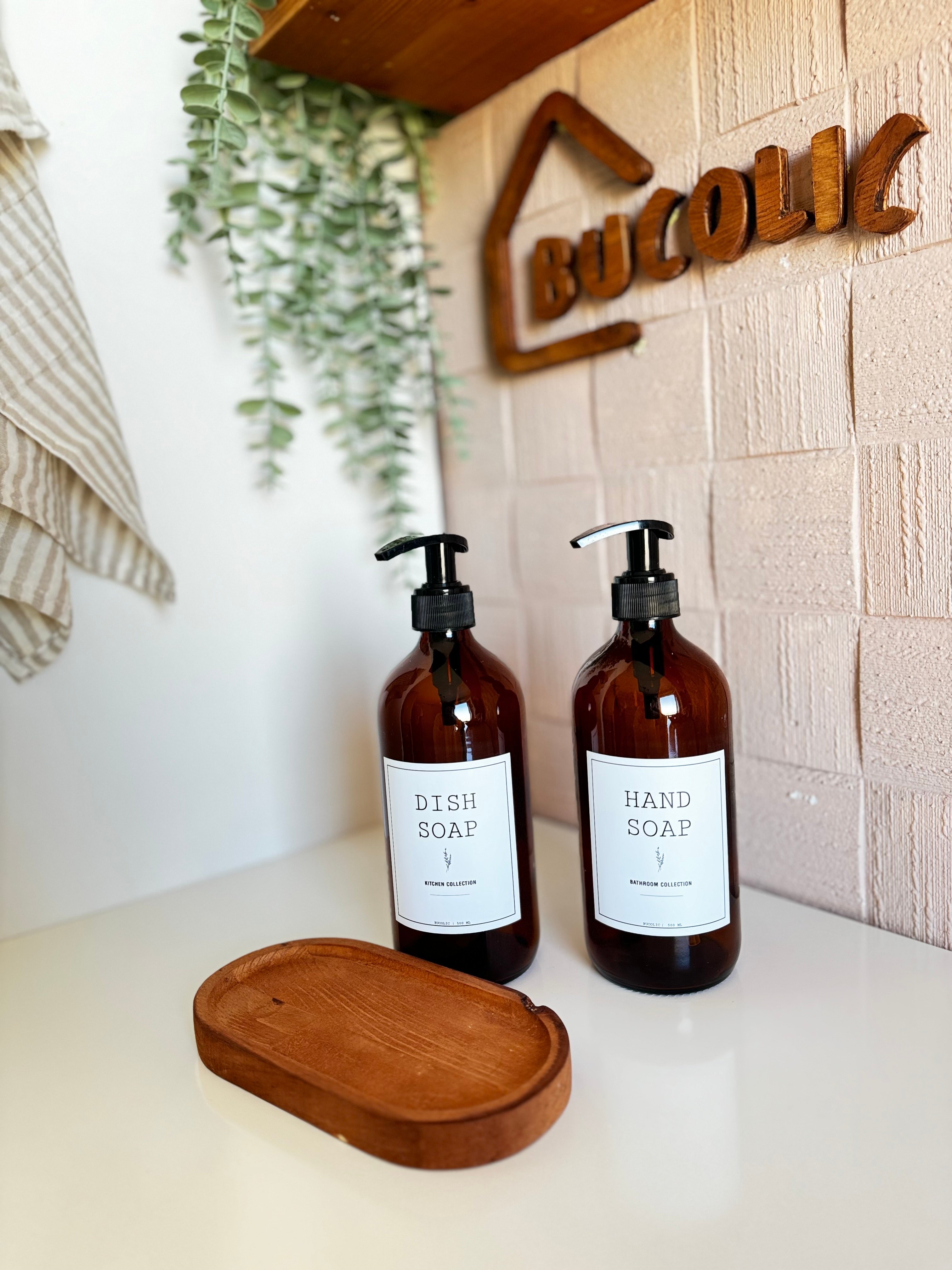 Standlı Amber Cam Dısh Soap-Hand Soap Set / İngilizce Etiket