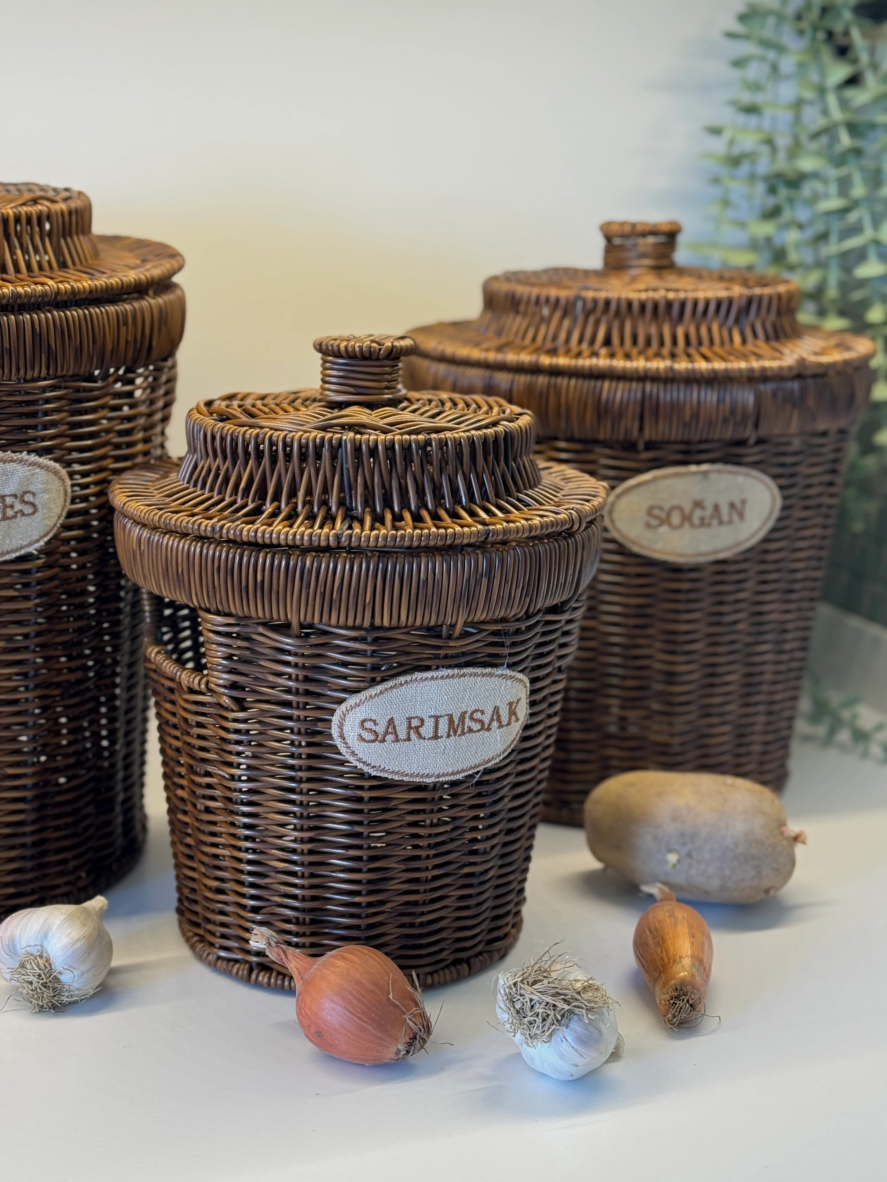 3’lü Rustik Rattan Saklama Sepeti Seti 