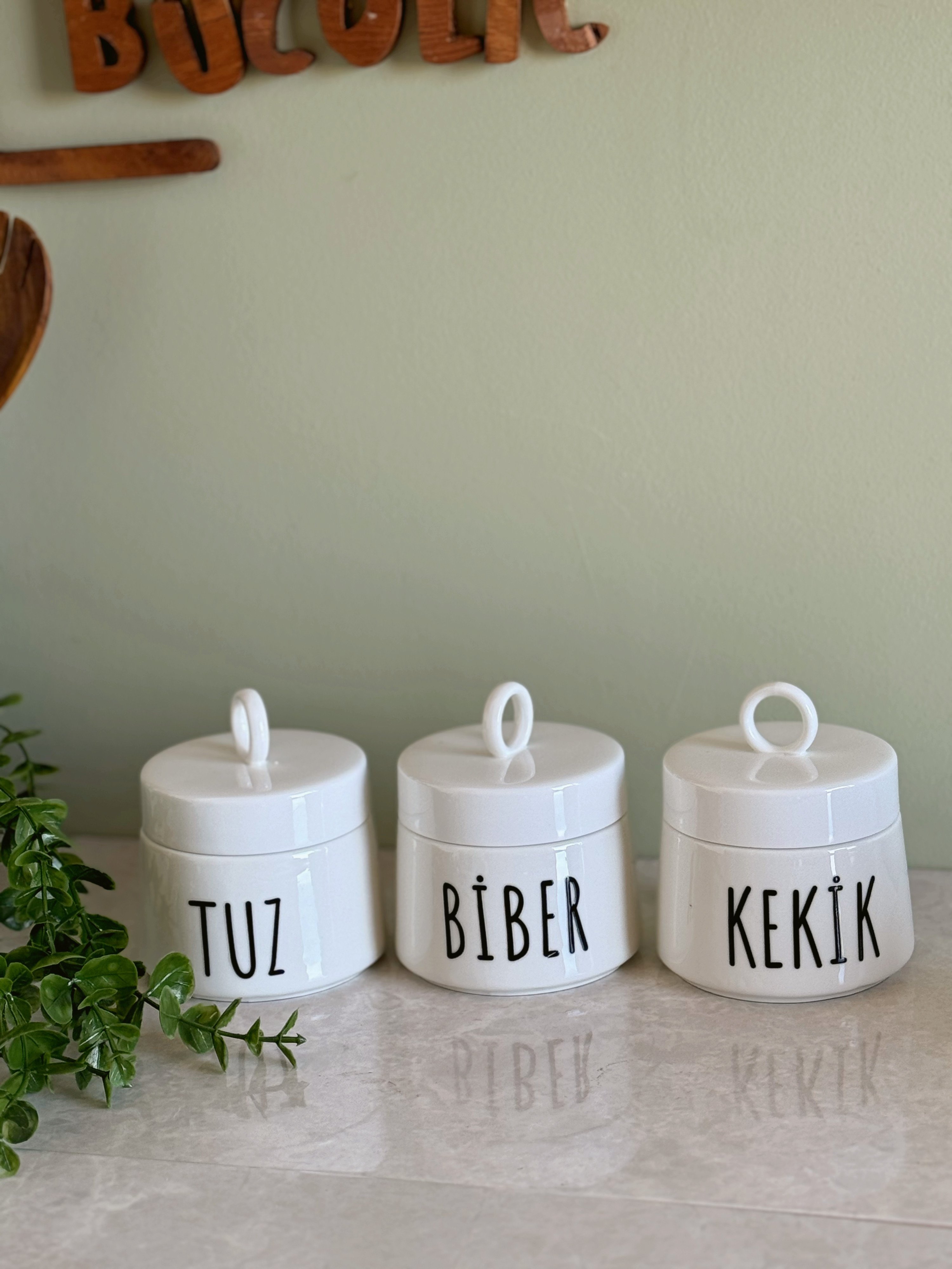 3'lü Porselen Salt-Pepper-Sugar Kulplu Baharatlık Seti