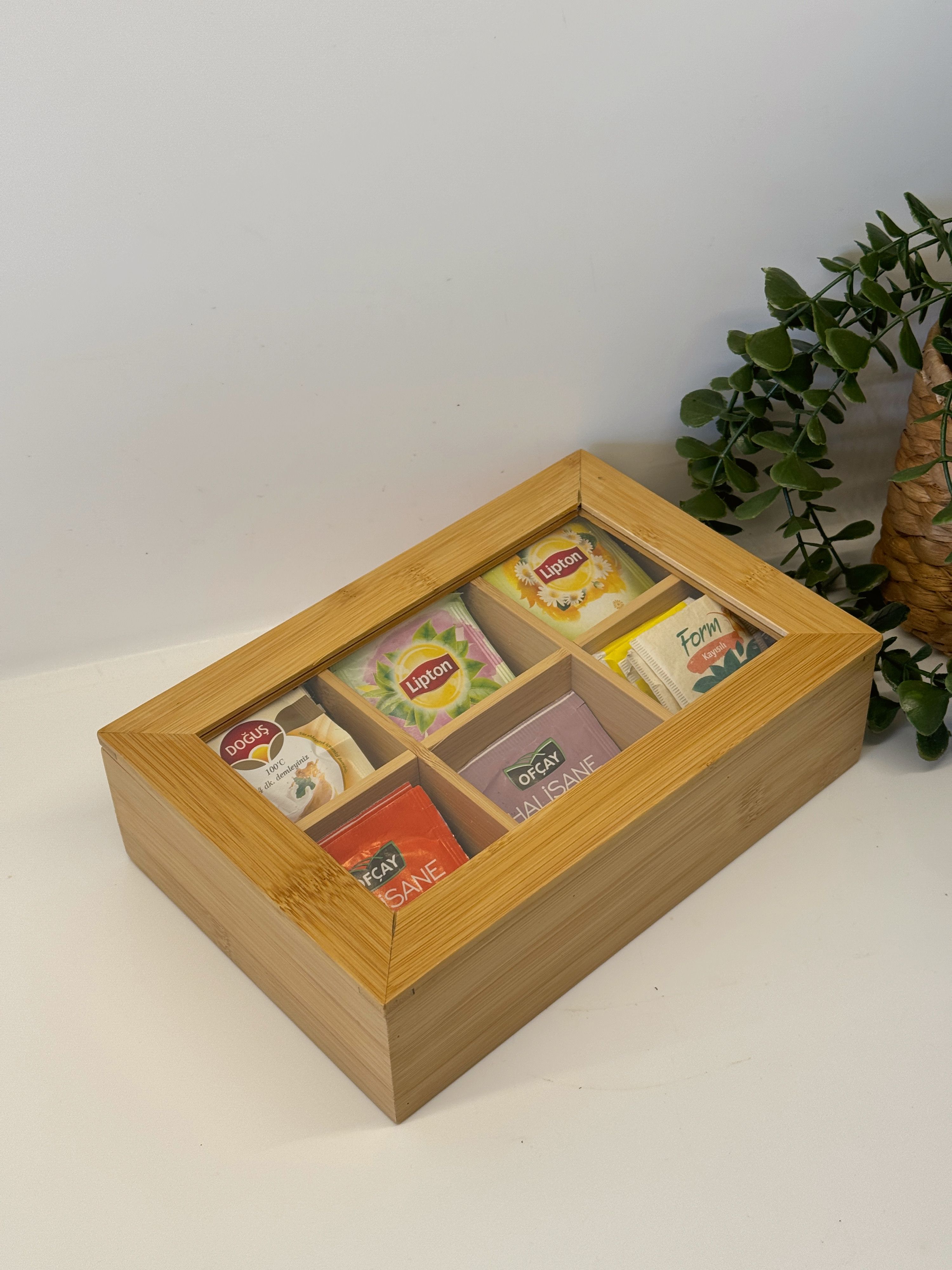 6 Bölmeli Kapaklı Bambu Organizer