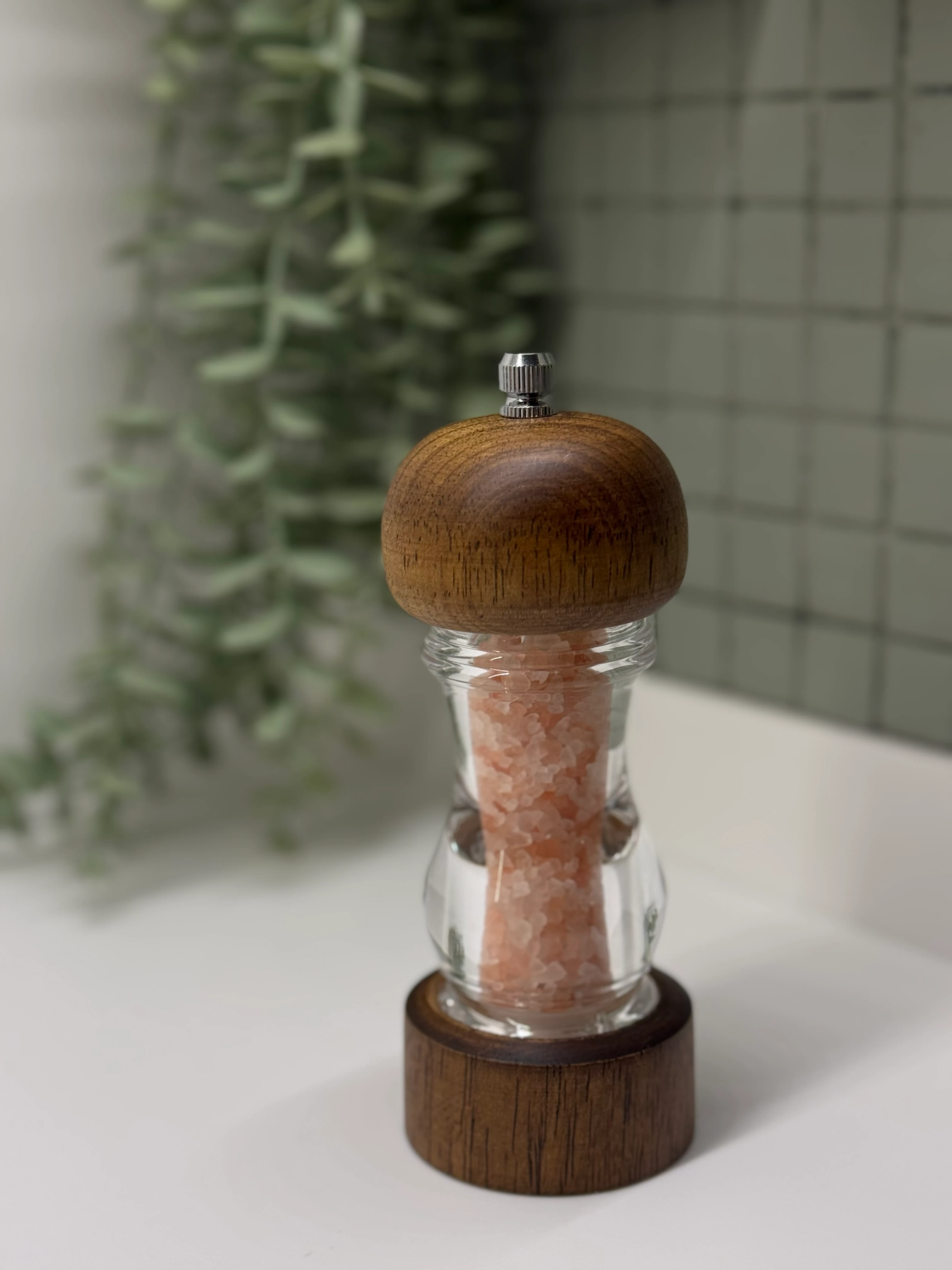 Rustik Koyu Ahşap Cam Gövdeli Sofra Tuzluk Biberlik Baharat Değirmeni