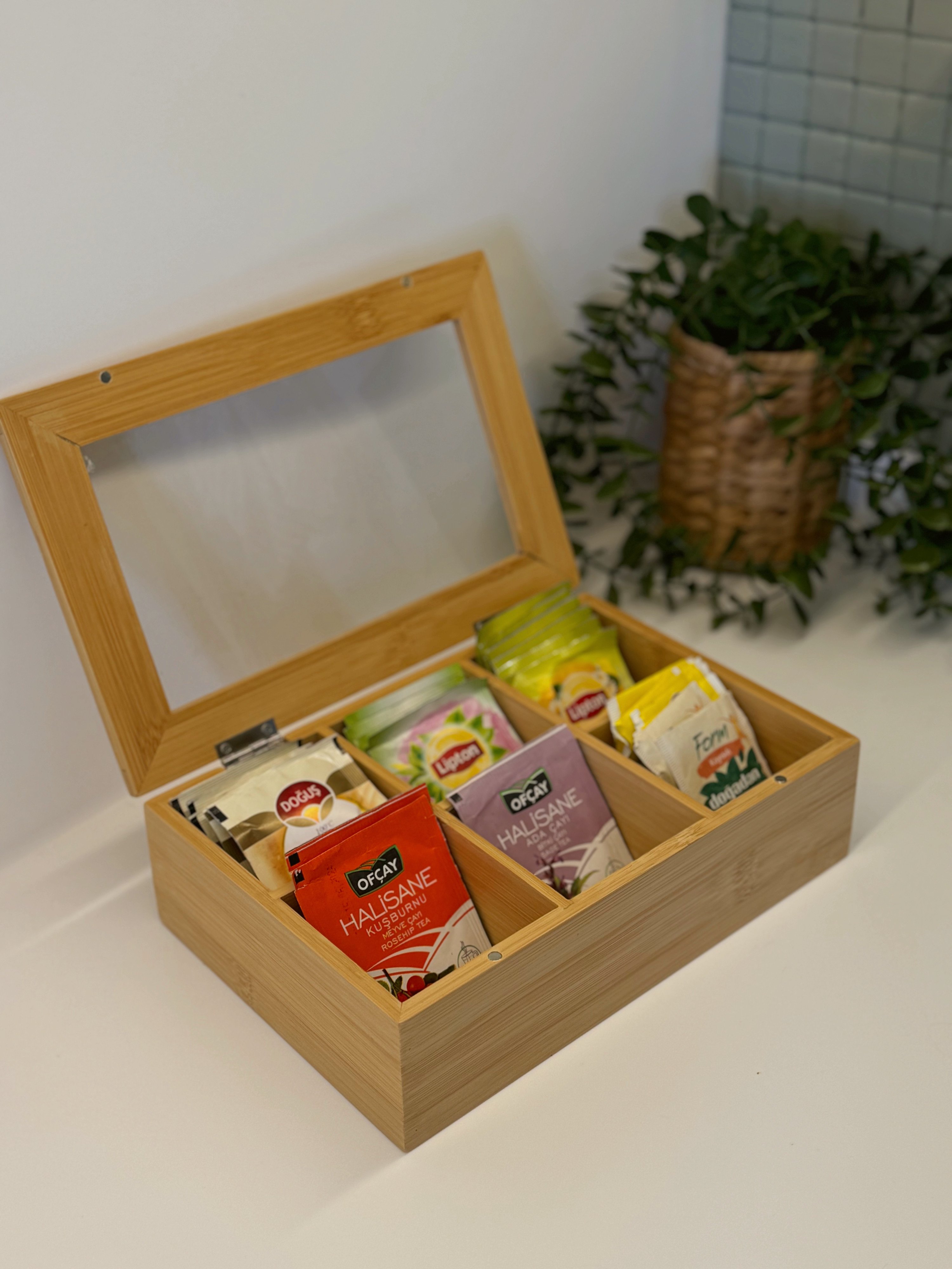 6 Bölmeli Kapaklı Bambu Organizer