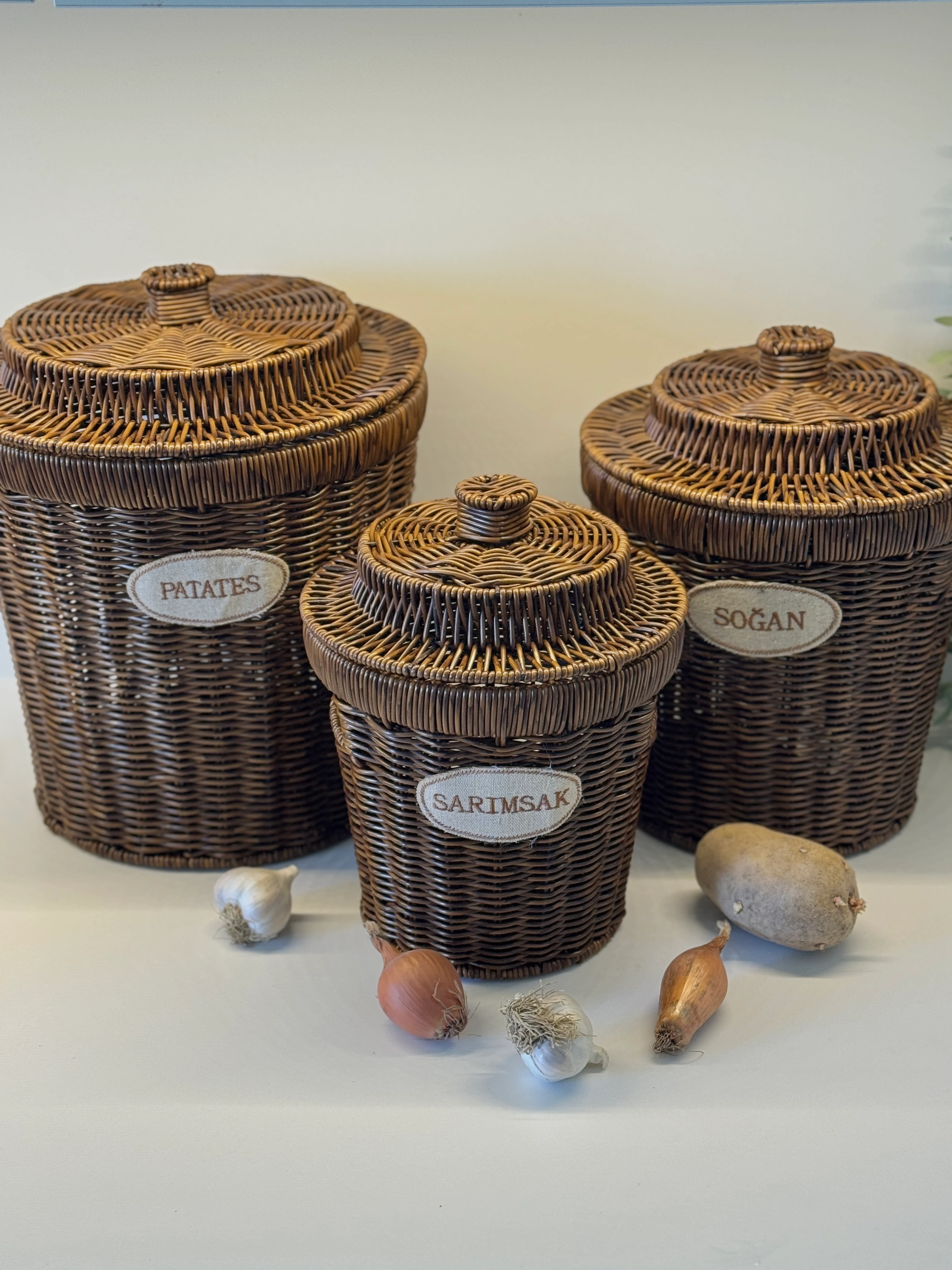 3’lü Rustik Rattan Saklama Sepeti Seti 