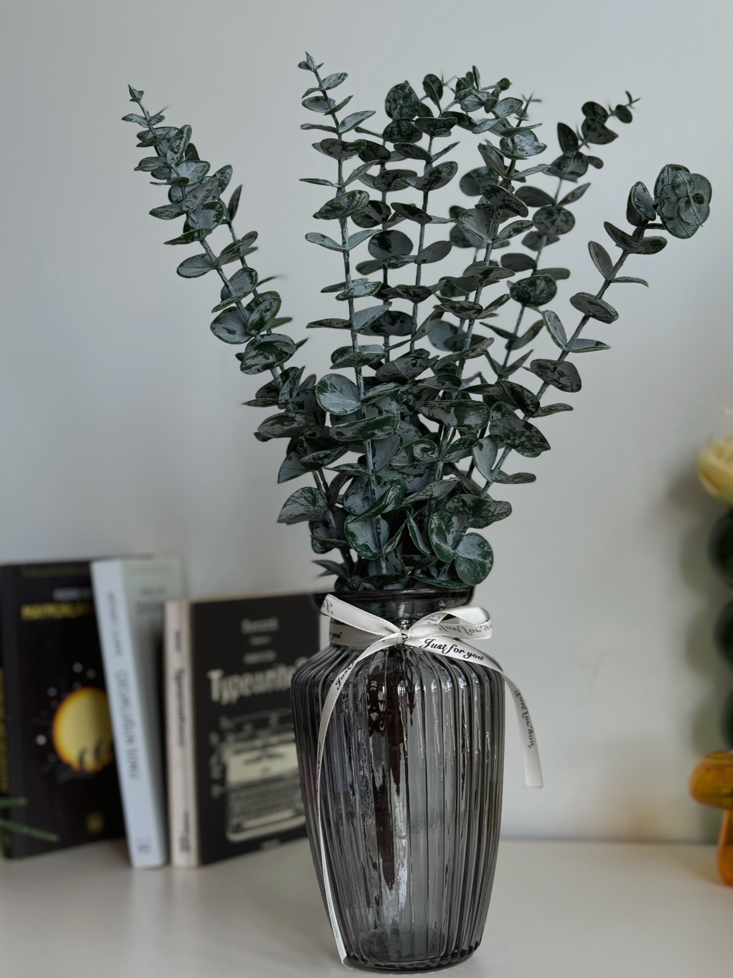 Zarafet Çizgili Cam Vazo Gece Mavisi &  Boho Okaliptüs 
