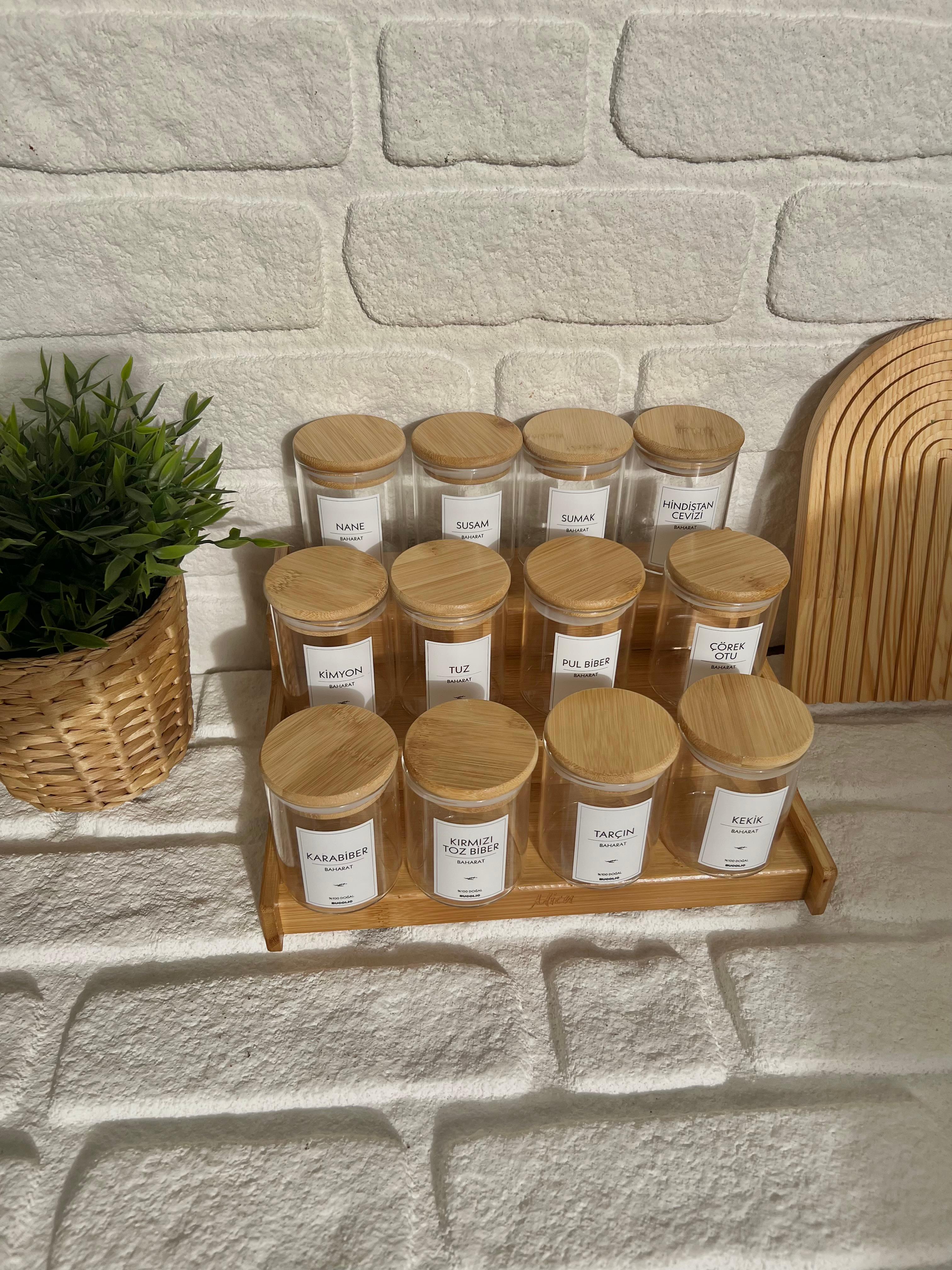 Bambu Standlı 12'li Bambu Kapaklı Cam Baharatlık Seti