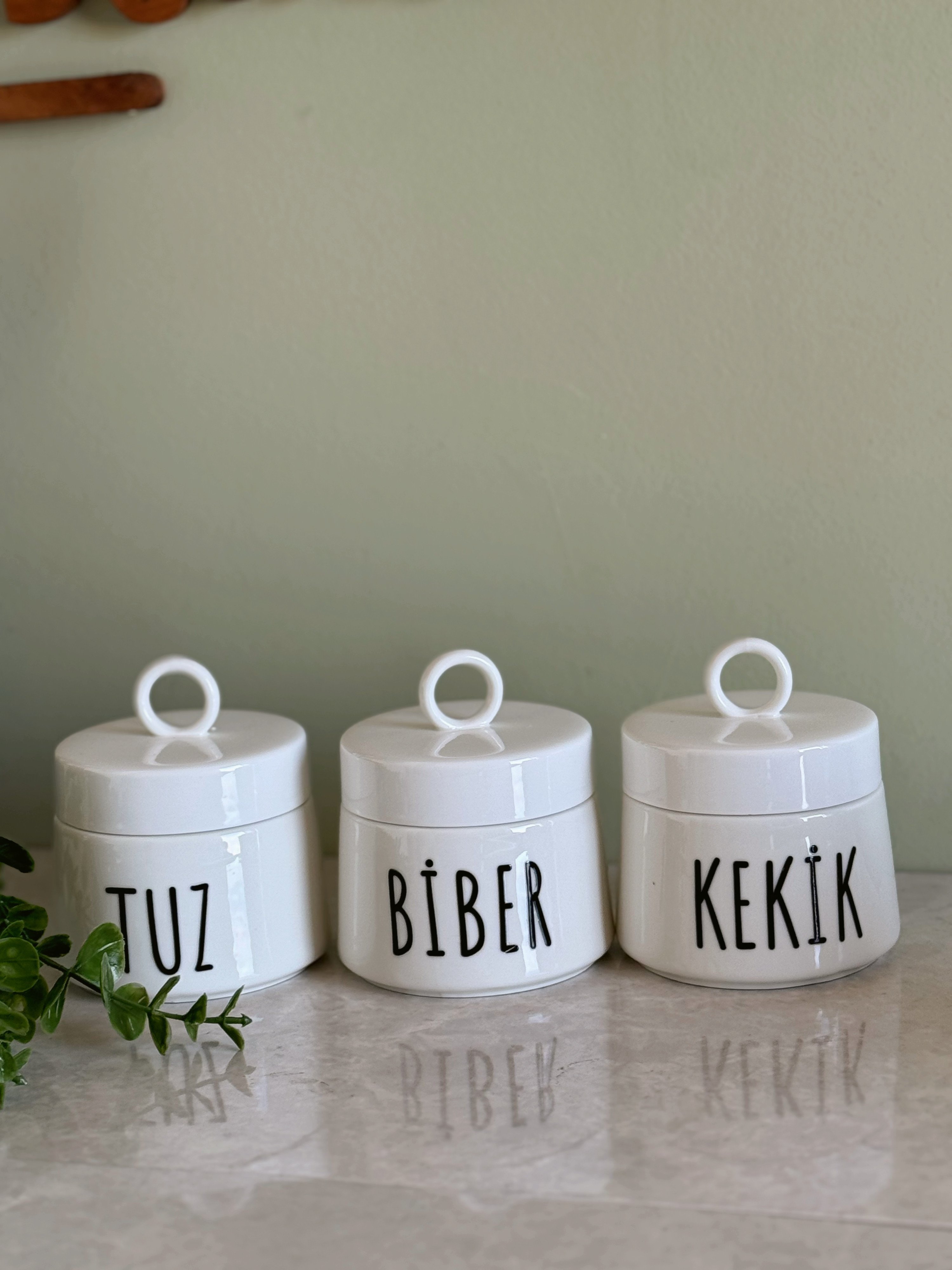 3'lü Porselen Salt-Pepper-Sugar Kulplu Baharatlık Seti