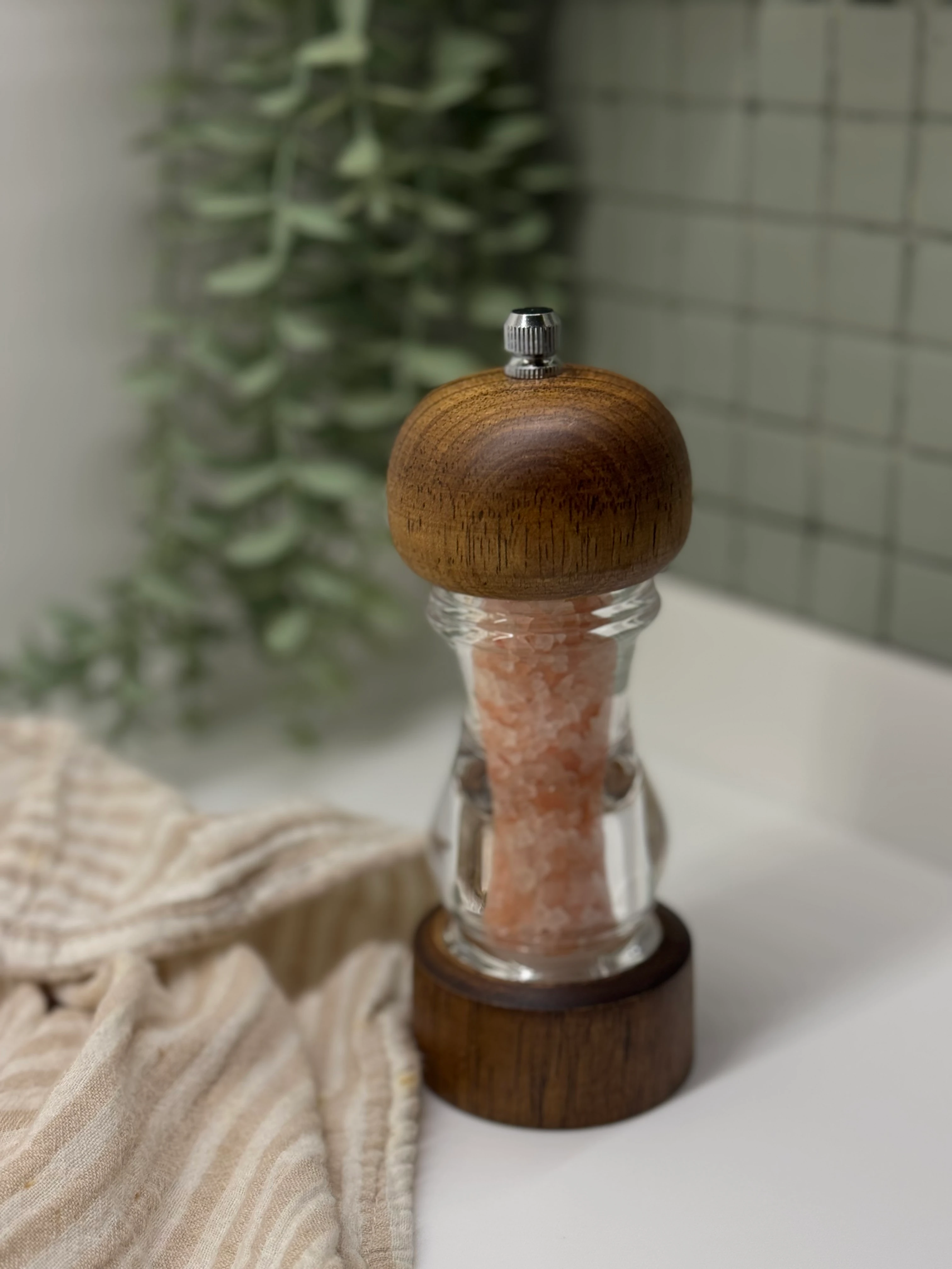Rustik Koyu Ahşap Cam Gövdeli Sofra Tuzluk Biberlik Baharat Değirmeni