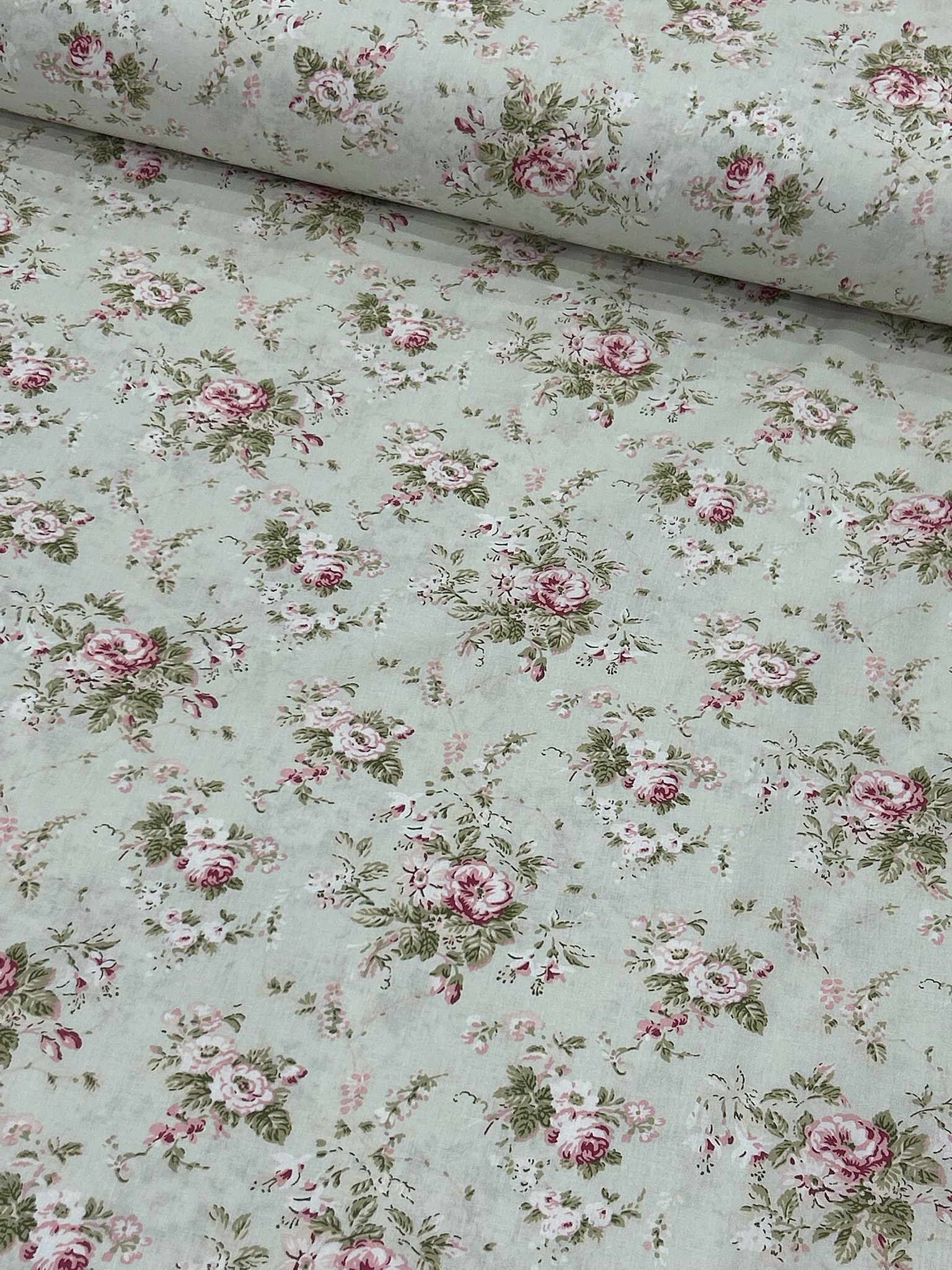 Su Yeşili Vintage Gül Bahçesi Poplin kumaş