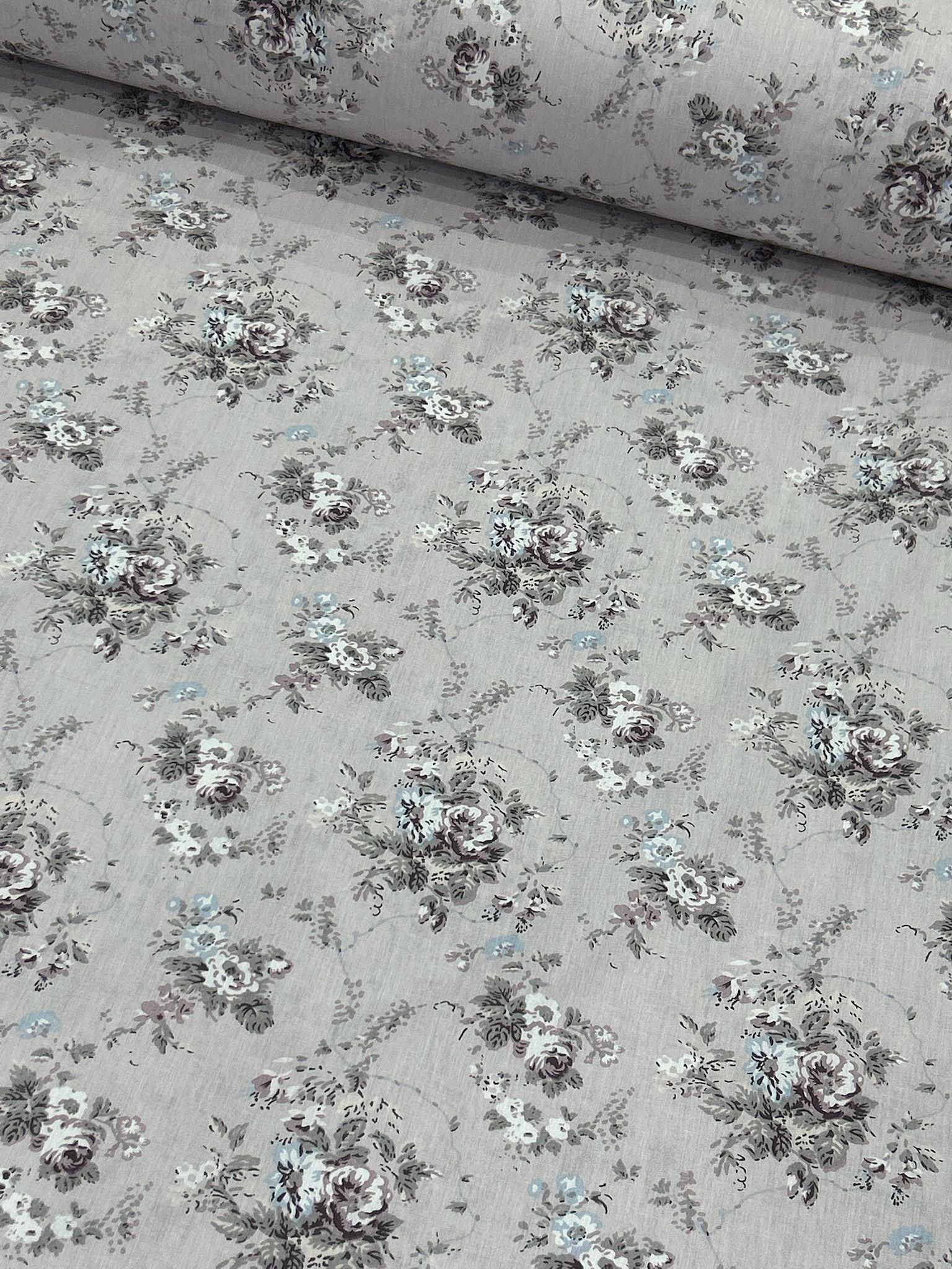 Gri Vintage Gül Bahçesi Poplin Kumaş