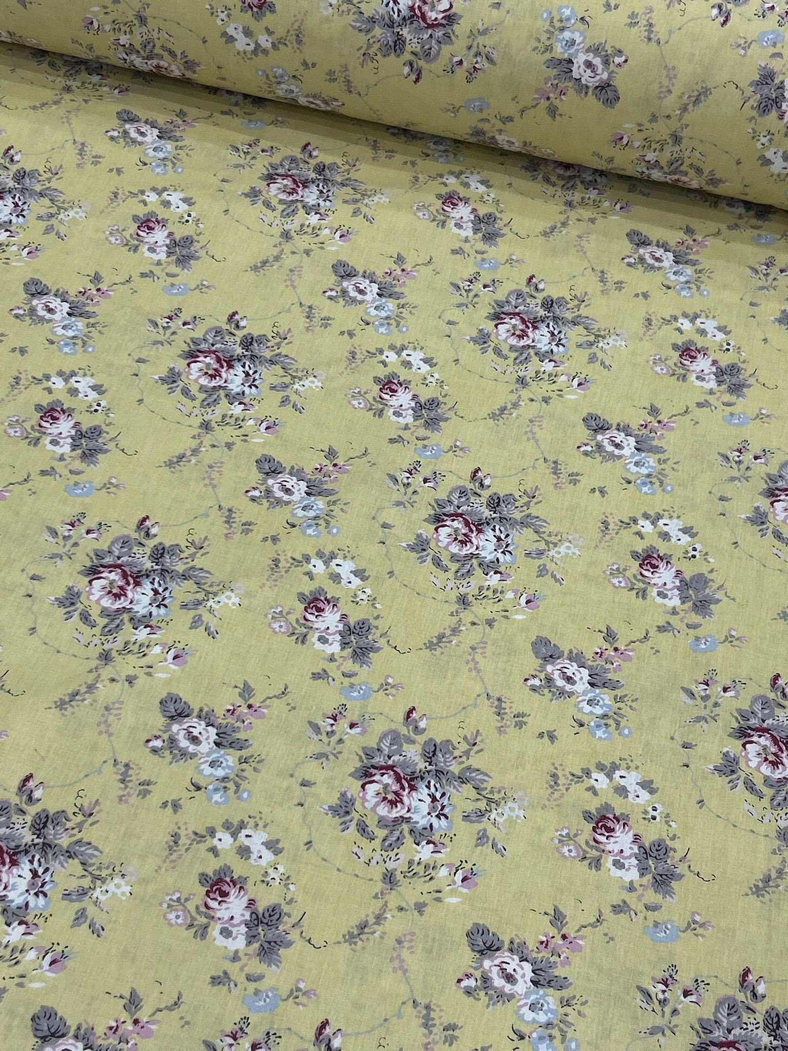 Sarı Vintage Gül Bahçesi Poplin Kumaş