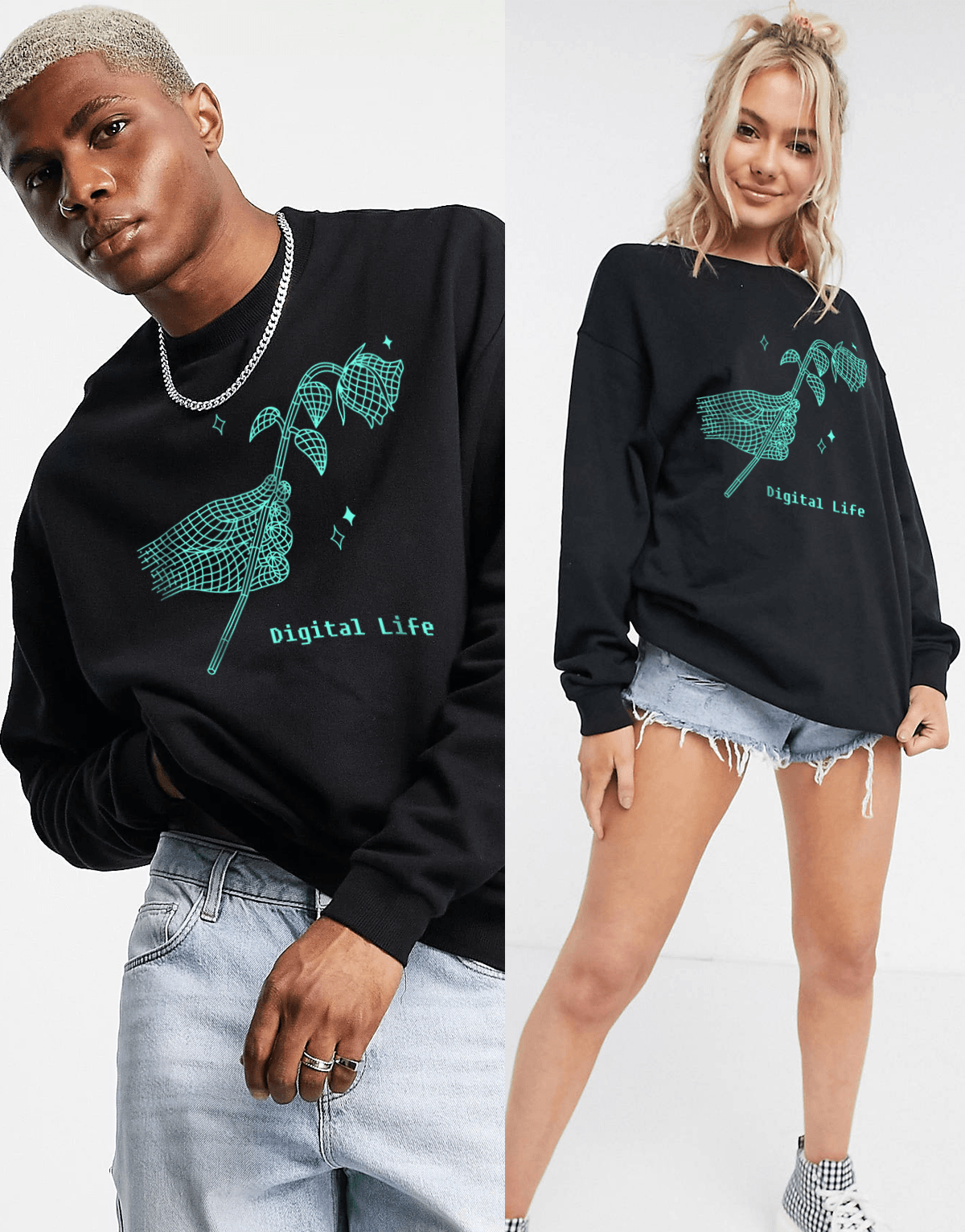 Digital Life Oversize Sweatshirt Siyah