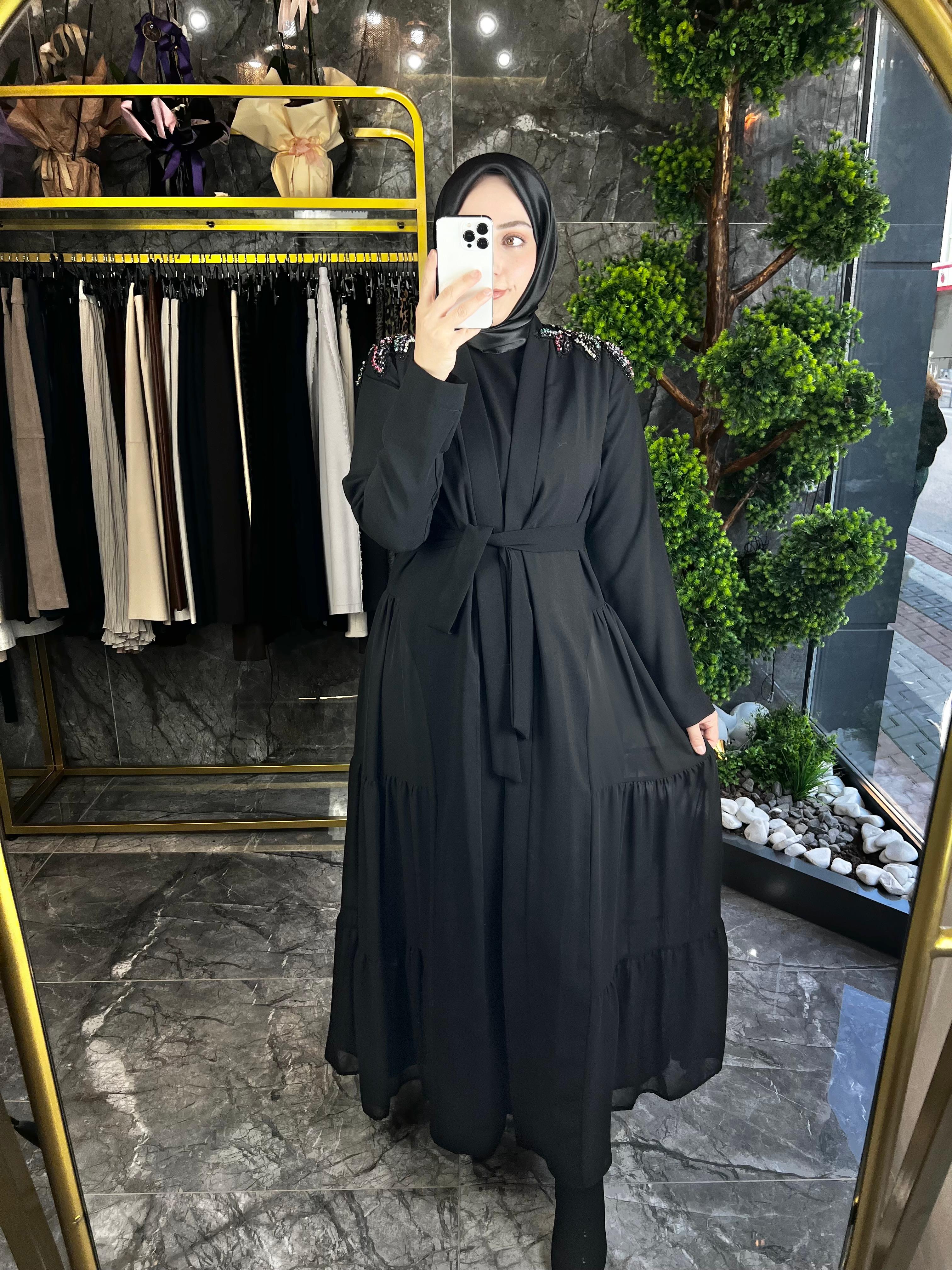 Doble krep kumaş taş işlemeli abaya