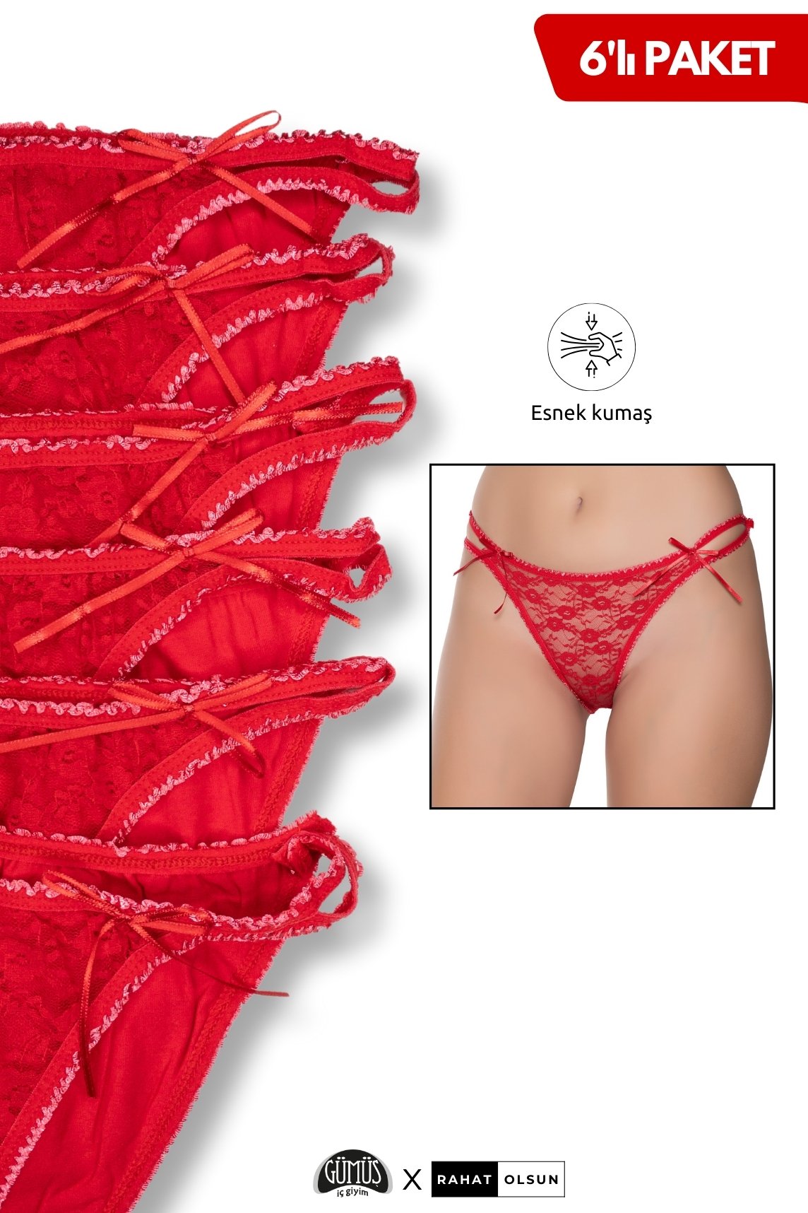 Pamuklu Kadın Likralı İpli Tül Dantelli Bikini Külot, Kırmızı 6’lı Paket 