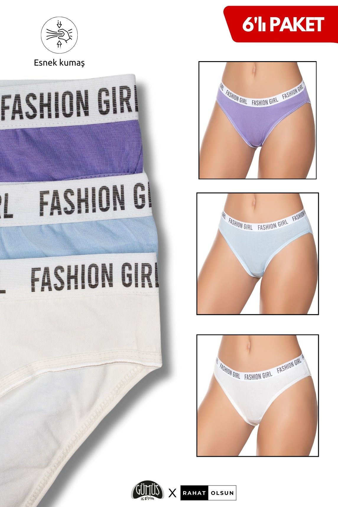 Pamuklu Kadın Likralı Kemerli Lastik "Fashion Girl" Bikini Külot, Mor, Mavi, Ekru 6’lı Paket 