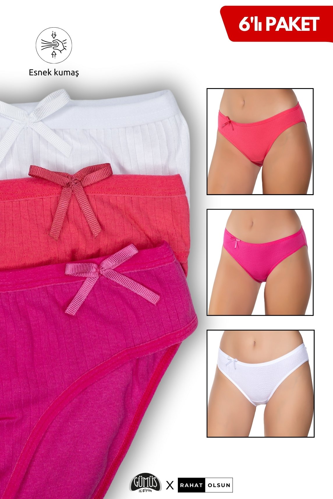 %100 Pamuklu Kadın Ribana İnce Bel Çizgili Bikini Külot, Beyaz, Fuşya, Nar Çiçeği 6’lı Paket 