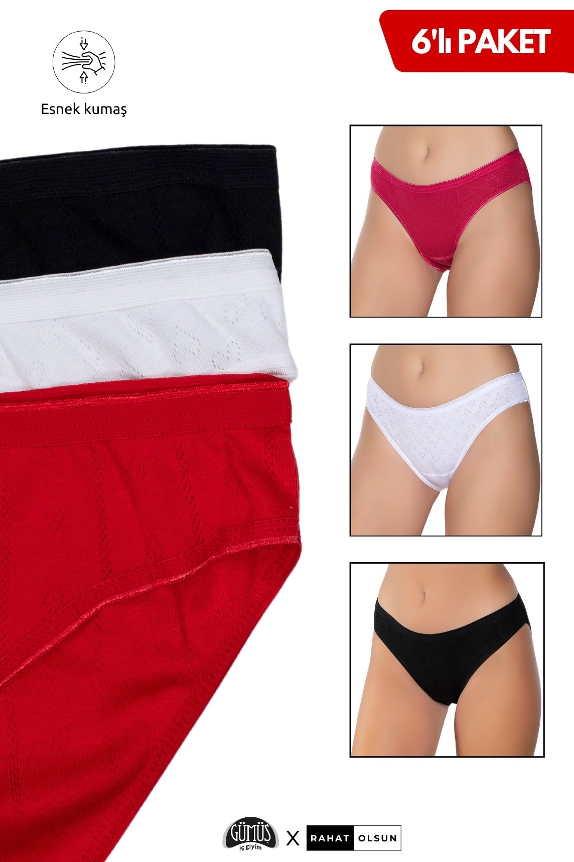 %100 Pamuklu Kadın Jakarlı Kalp Desenli Bikini Külot, Siyah, Beyaz, Kırmızı 6’lı Paket 