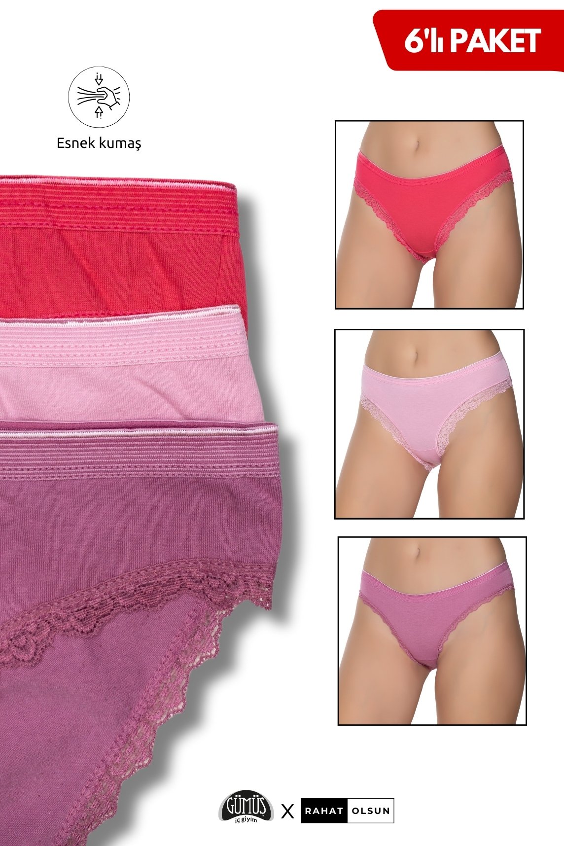 Pamuklu Kadın Likralı İnce Bel Paçası Dantelli Bikini Külot, Pembe, Orkide, Nar Çiçeği 6’lı Paket 