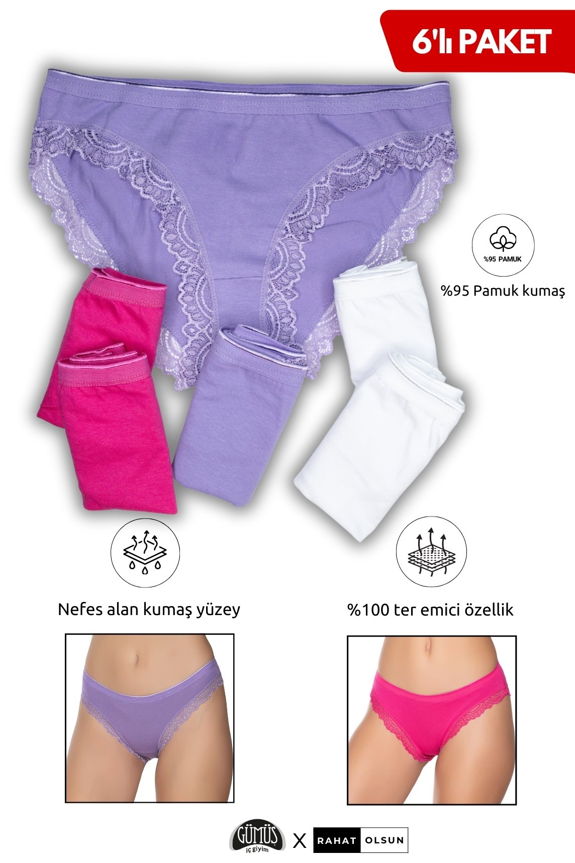 Pamuklu Kadın Likralı İnce Bel Paçası Dantelli Bikini Külot, Beyaz, Fuşya, Lila 6’lı Paket 