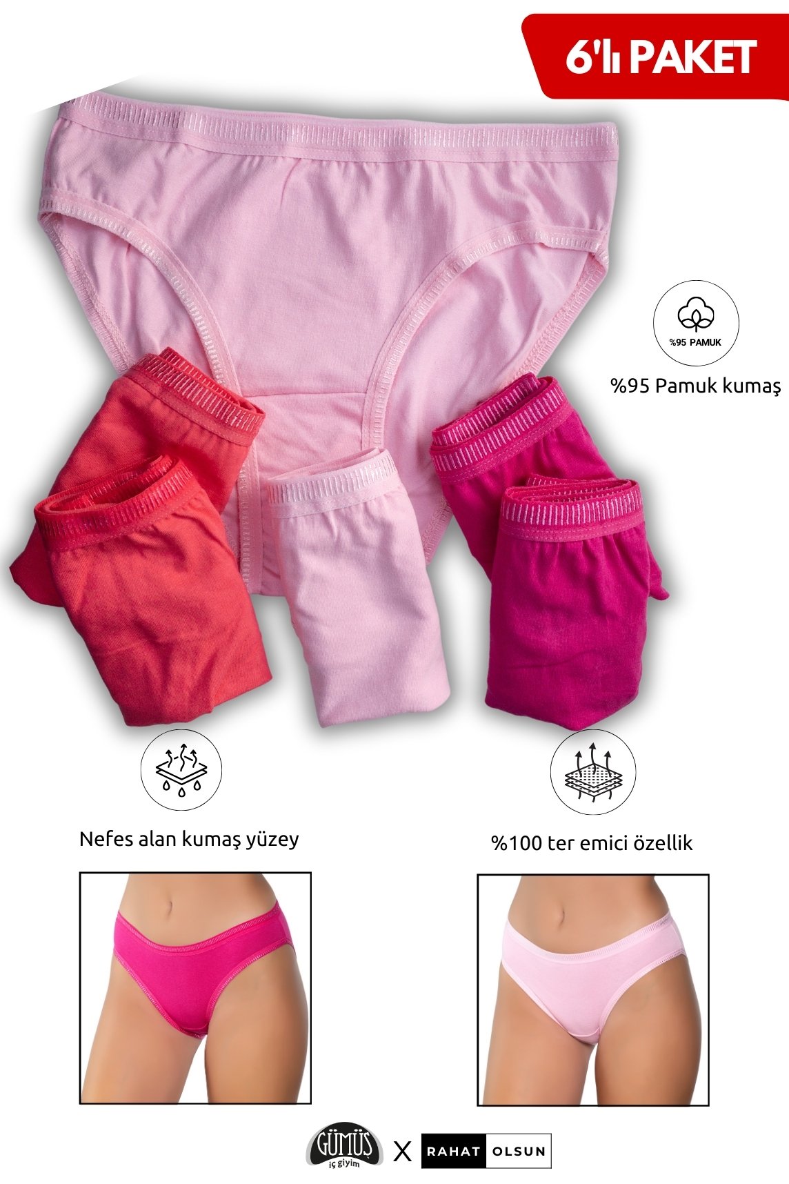 Pamuklu Likralı Kadın Ajda Bikini Külot, Fuşya, Pembe, Nar Çiçeği 6’lı Paket 