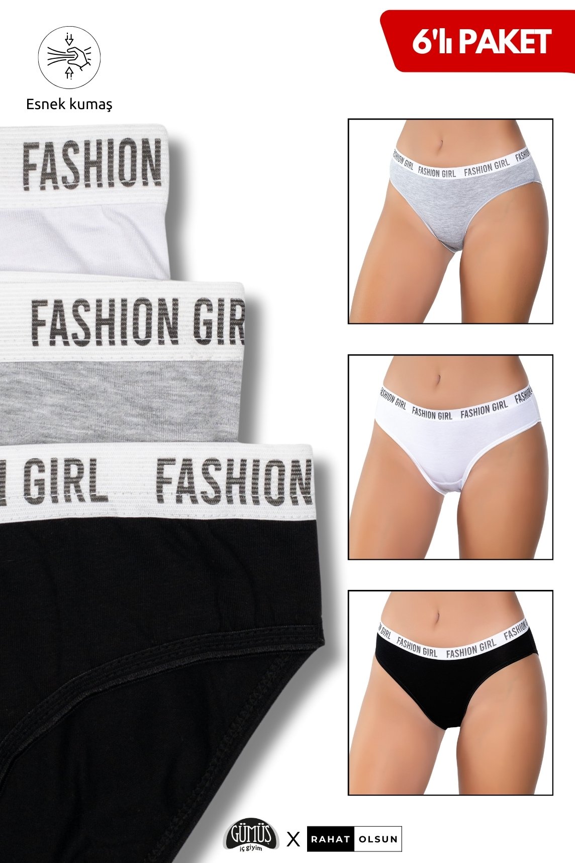 Pamuklu Kadın Likralı Kemerli Lastik "Fashion Girl" Bikini Külot, Siyah, Beyaz, Gri 6’lı Paket 