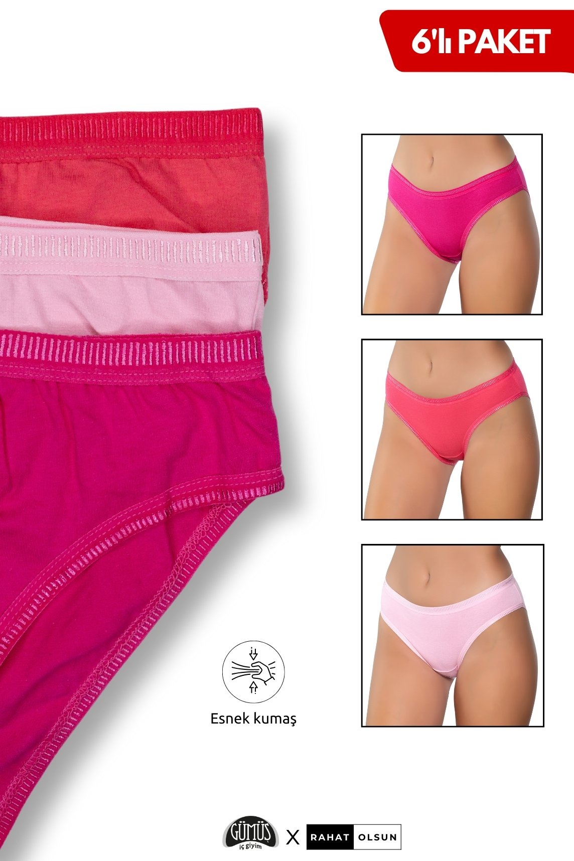 Pamuklu Likralı Kadın Ajda Bikini Külot, Fuşya, Pembe, Nar Çiçeği 6’lı Paket 