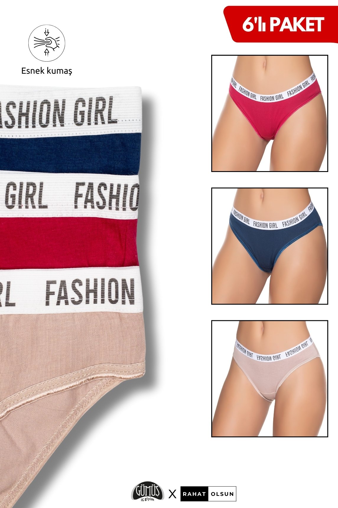 Pamuklu Kadın Likralı Kemerli Lastik "Fashion Girl" Bikini Külot, Kırmızı, Lacivert, Vizon 6’lı Paket 