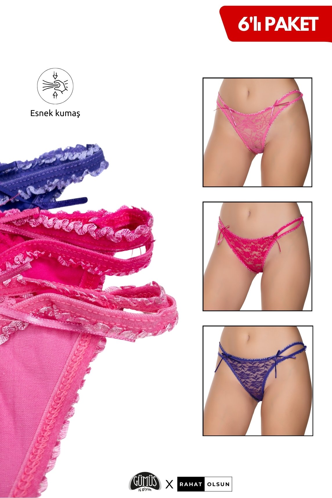 Pamuklu Kadın Likralı İpli Tül Dantelli Bikini Külot Mor Pembe Fuşya 6’lı Paket