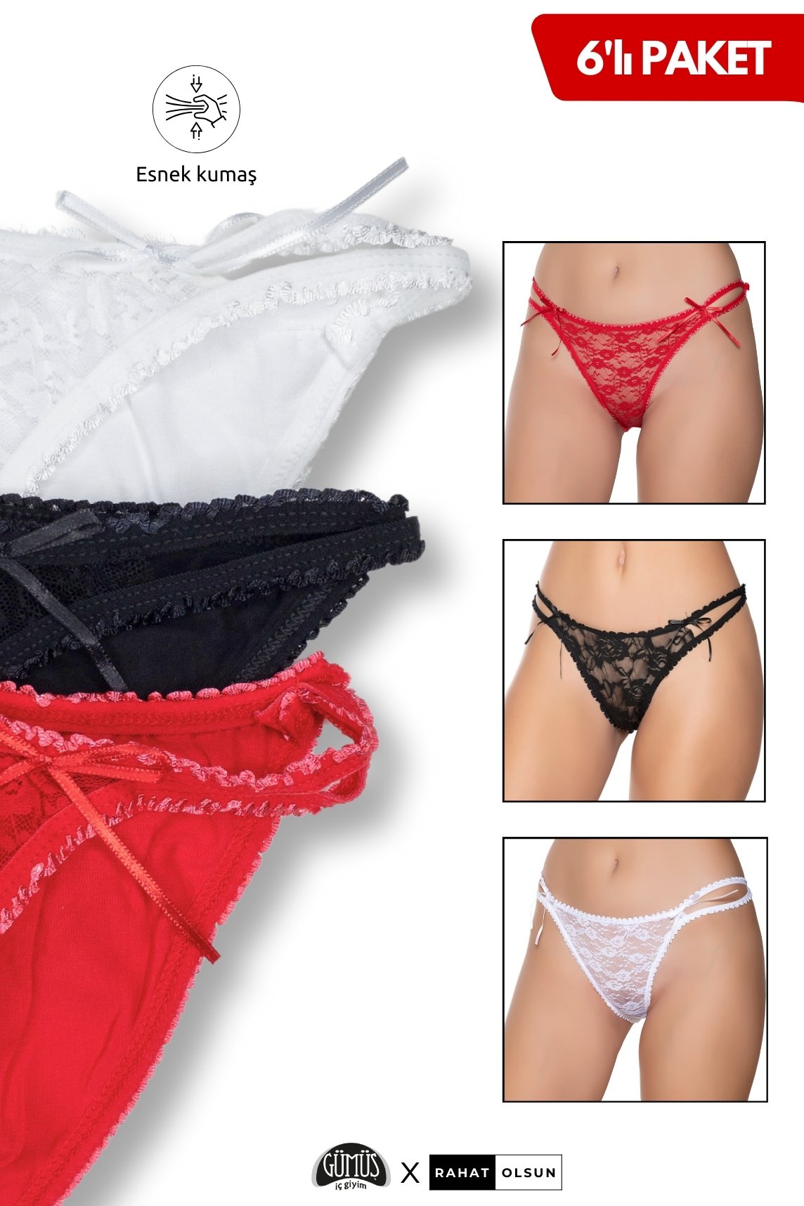 Pamuklu Kadın Likralı İpli Tül Dantelli Bikini Külot, Siyah, Beyaz, Kırmızı 6’lı Paket 