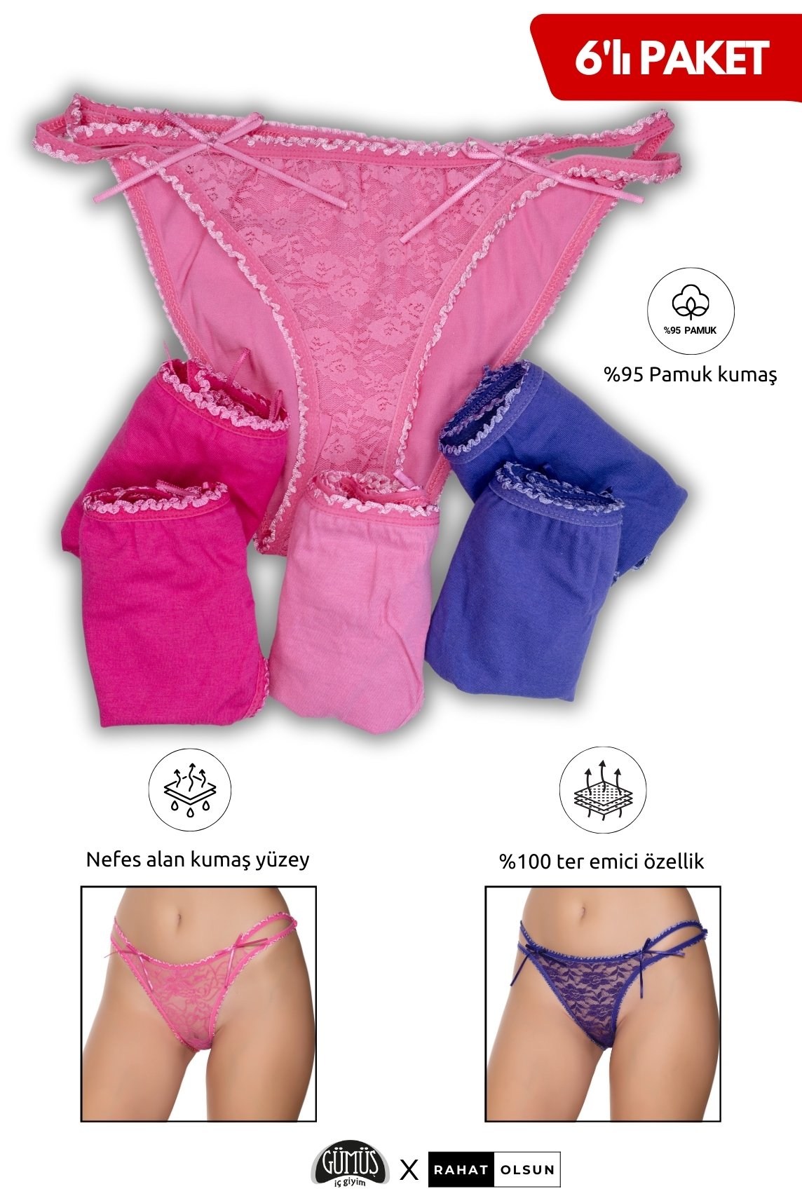 Pamuklu Kadın Likralı İpli Tül Dantelli Bikini Külot Mor Pembe Fuşya 6’lı Paket