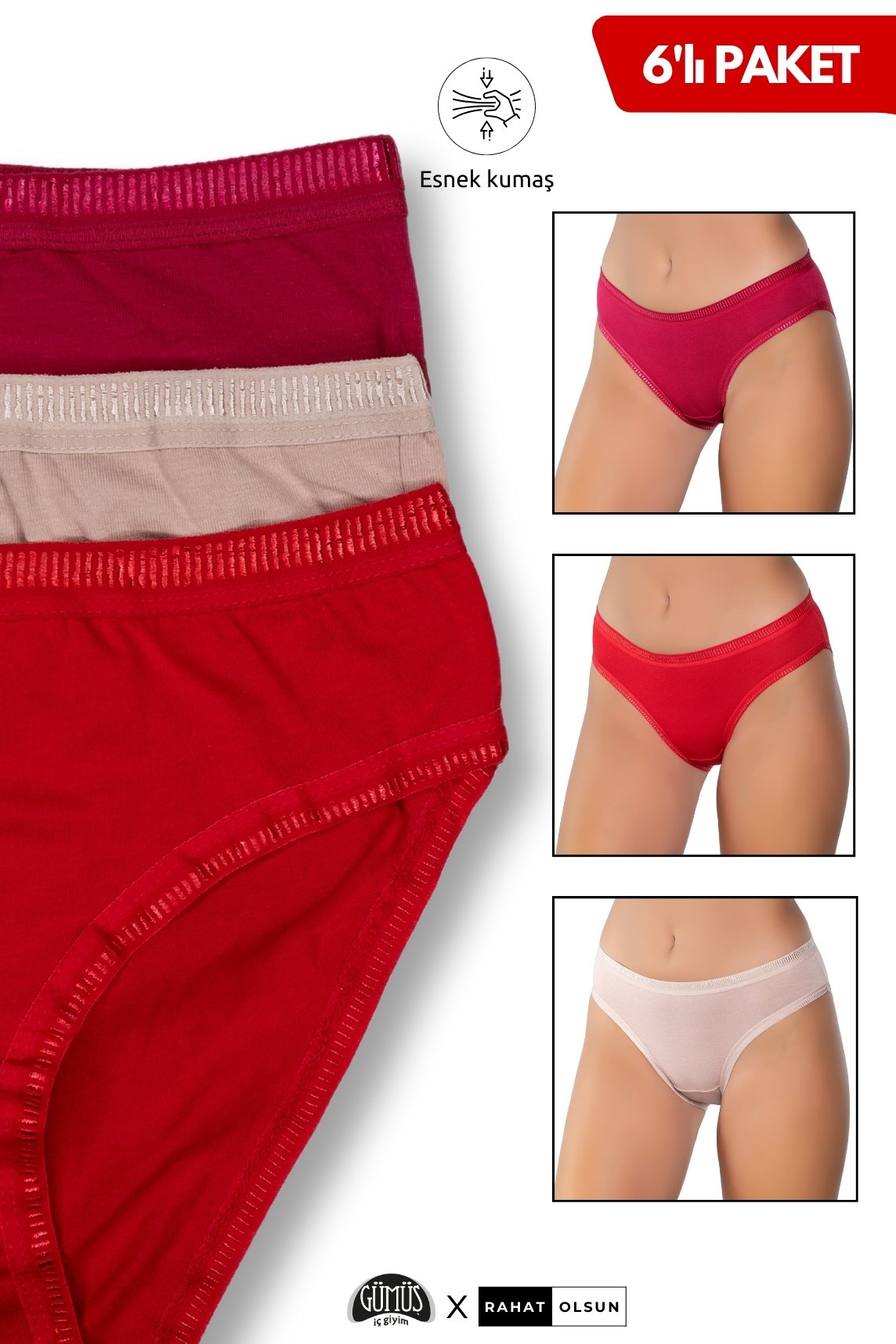 Pamuklu Likralı Kadın Ajda Bikini Külot, Bordo, Kırmızı, Vizon 6’lı Paket 