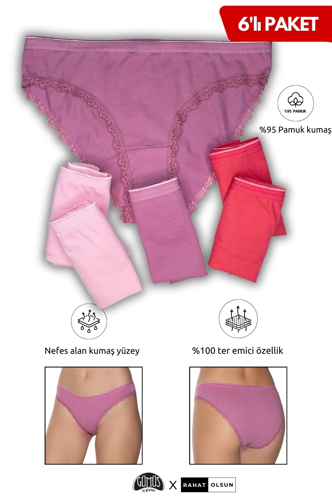 Pamuklu Kadın Likralı İnce Bel Paçası Dantelli Bikini Külot, Pembe, Orkide, Nar Çiçeği 6’lı Paket 