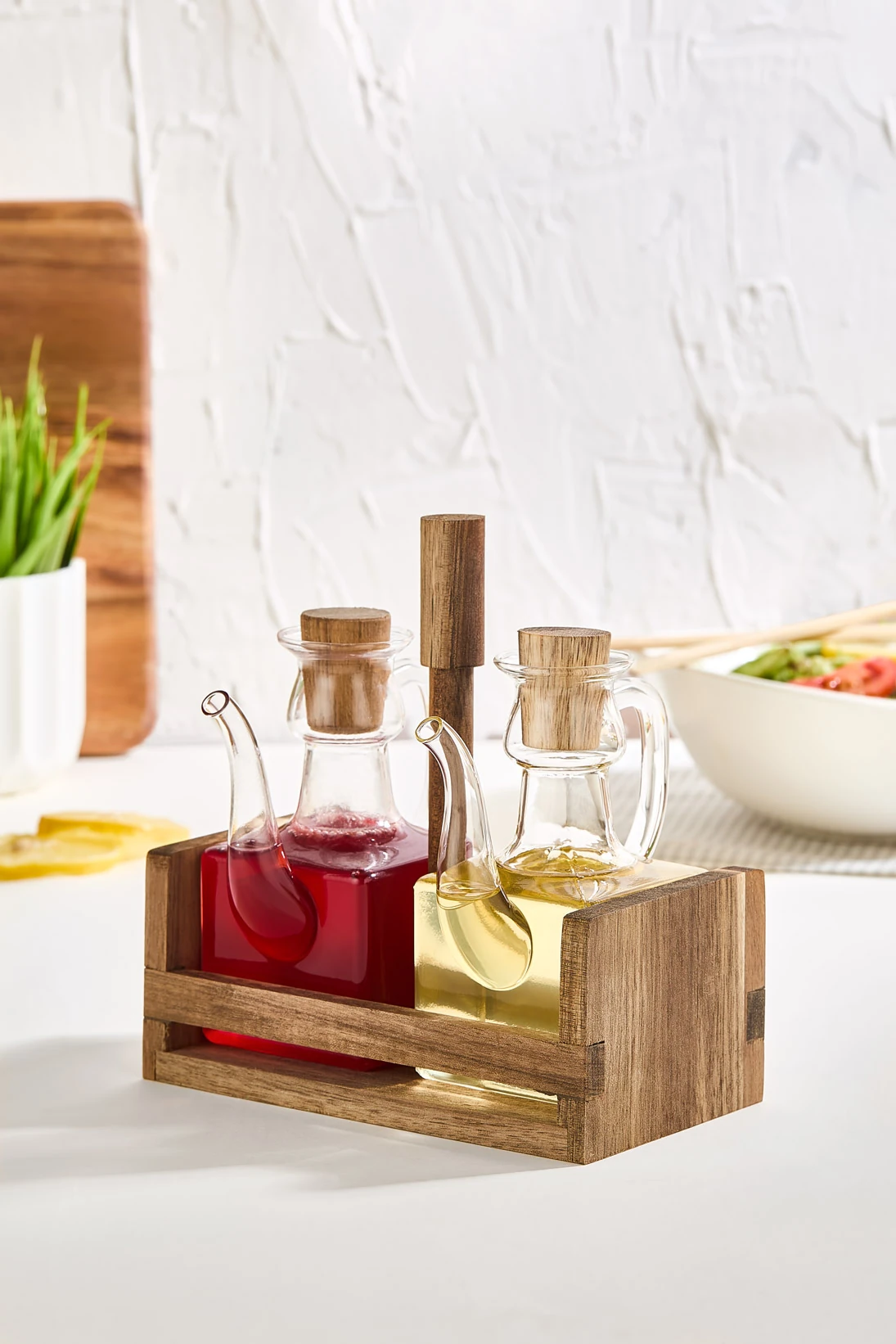 Akasya Ahşap Standlı Cam 2'li Yağdanlık & Sirkelik Seti