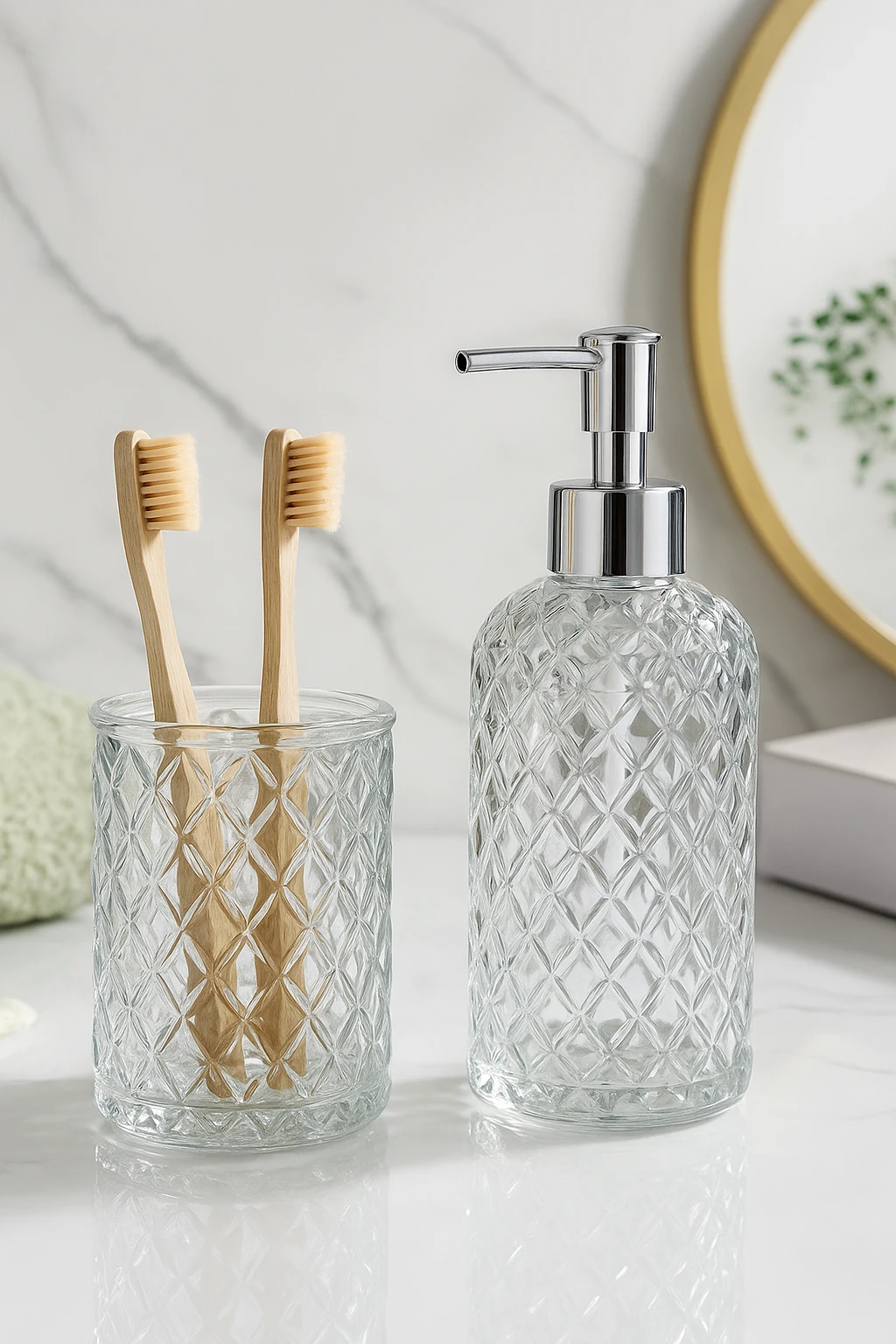 Lara Cam Sıvı Sabunluk ve Diş Fırçalık - 2'li Banyo Seti