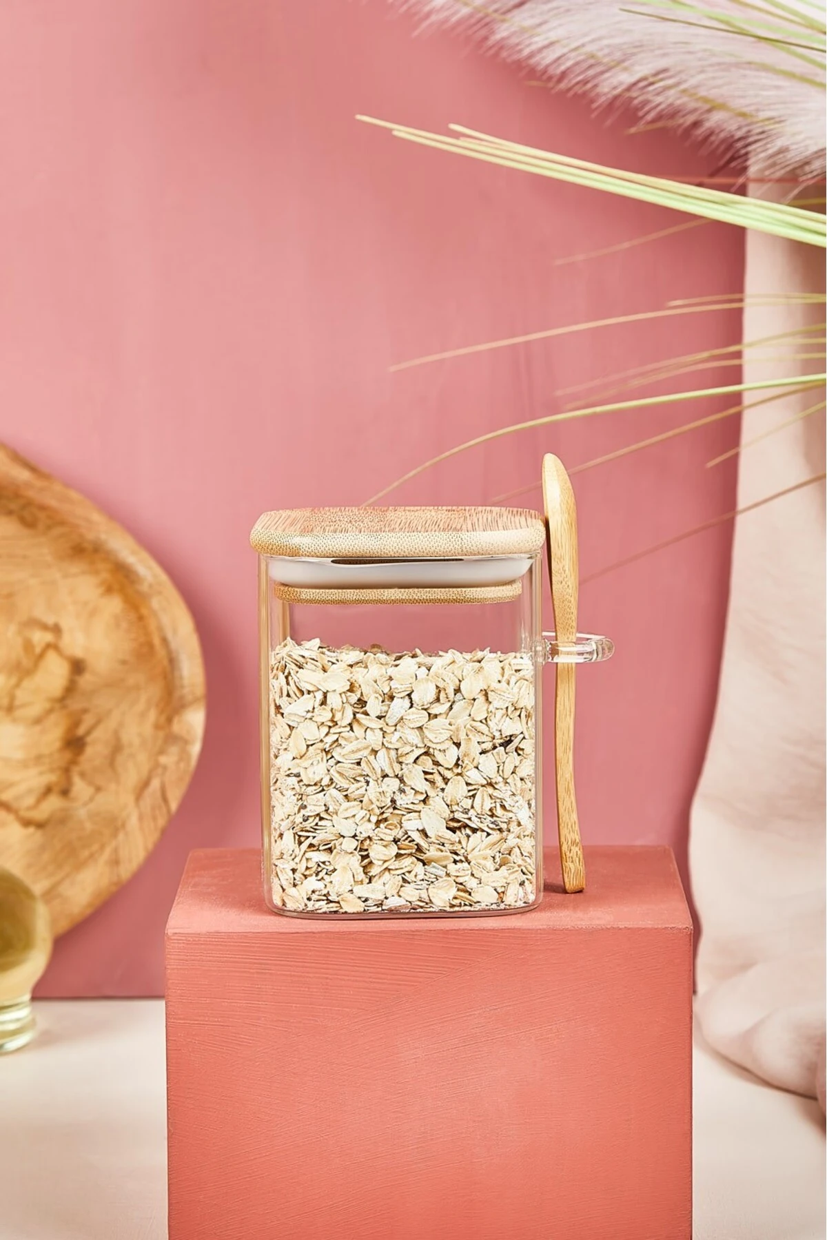 Kapaklı ve Kaşıklı Cam Kavanoz/Saklama Kabı - 10 CM - Lora Bianca