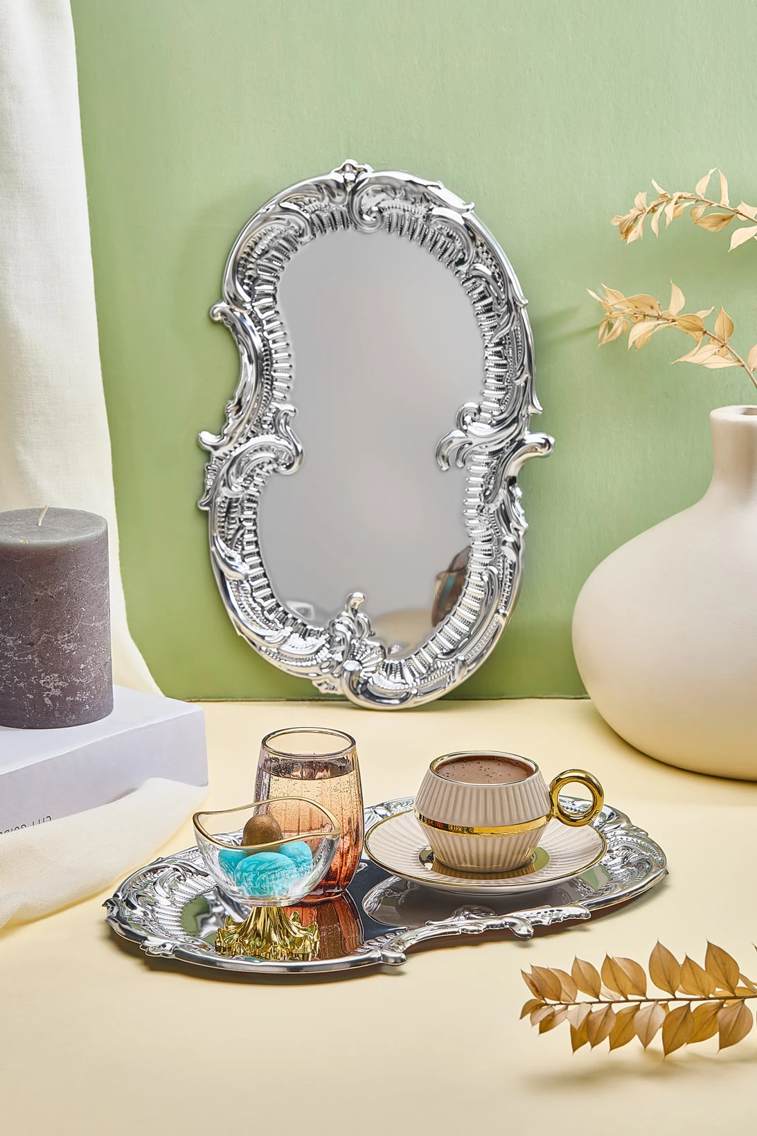 Desenli Paslanmaz Çelik 6’lı Gümüş Kahve, Çay, Dekoratif Sunum Servis Nişan Tepsisi