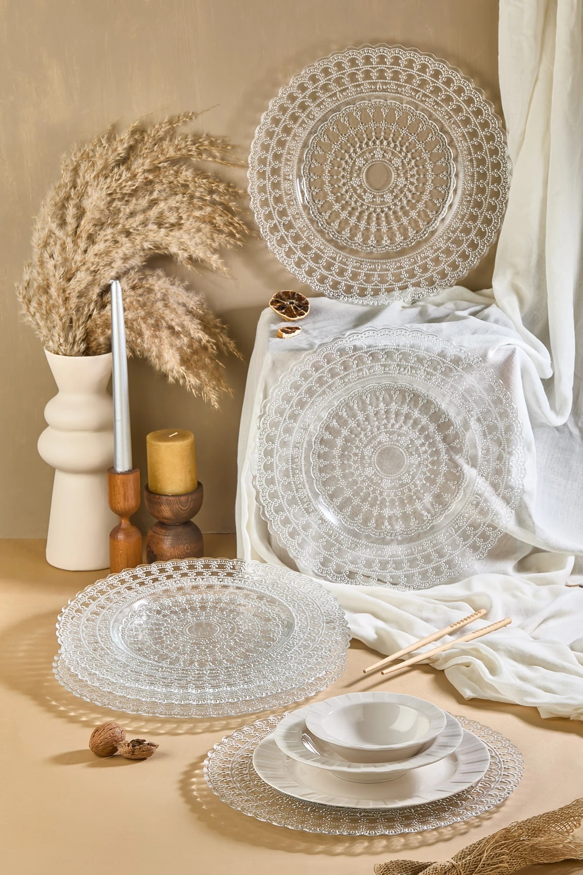 Pizzo 6'Lı Şeffaf Cam Supla Tabak Seti 32 CM