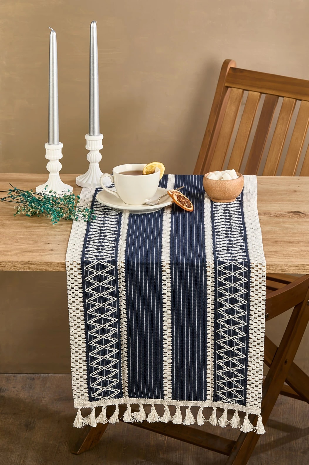 Rustique Lacivert Pamuk Masa Örtüsü Runner 35x145 CM