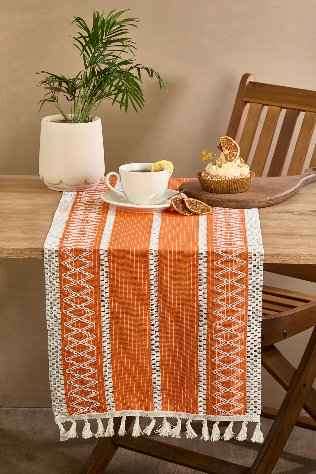 Rustique Turuncu Pamuk Masa Örtüsü Runner 35x145 CM