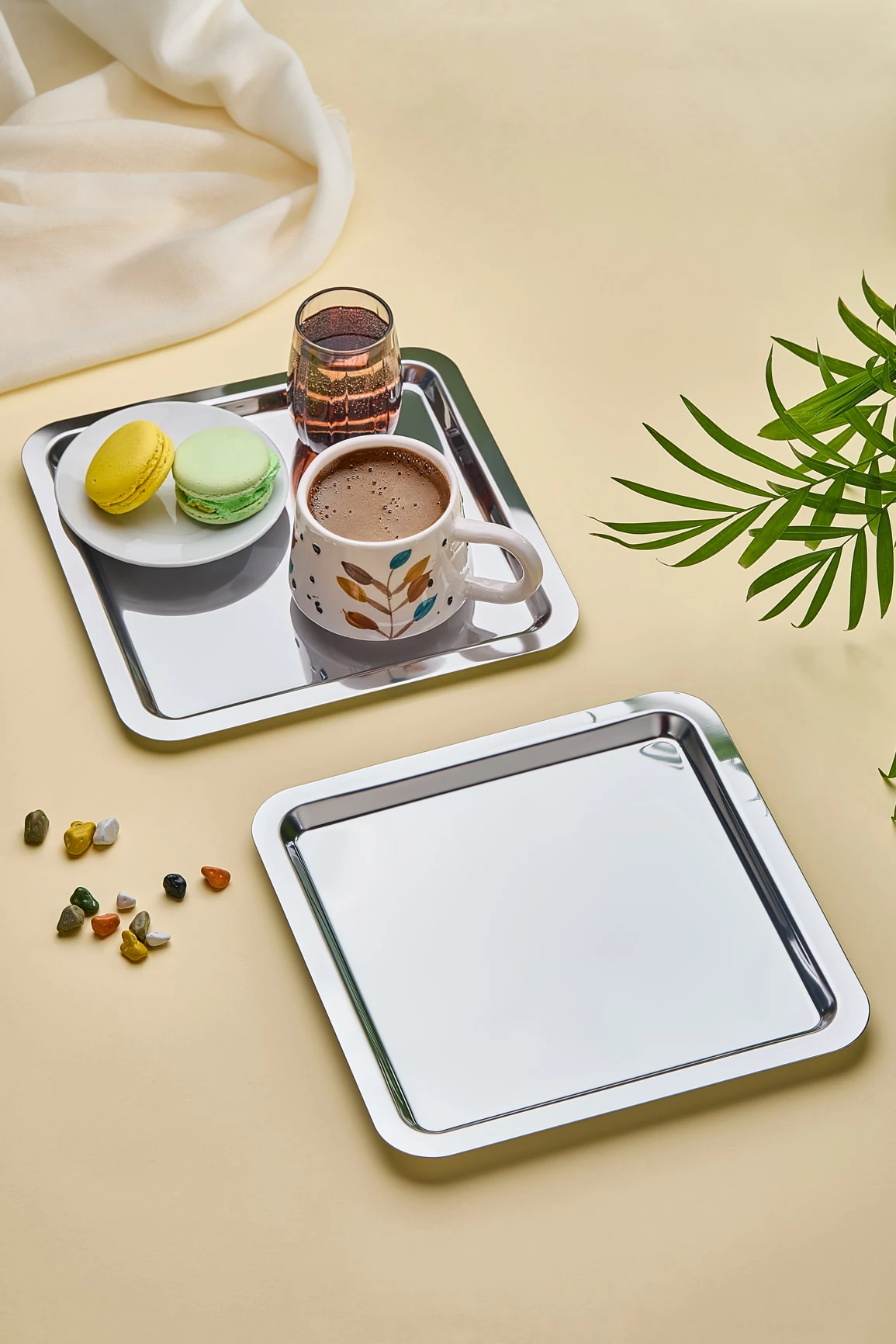 Kare Paslanmaz Çelik 6’lı Gümüş Kahve, Çay, Dekoratif Sunum Servis Nişan Tepsisi