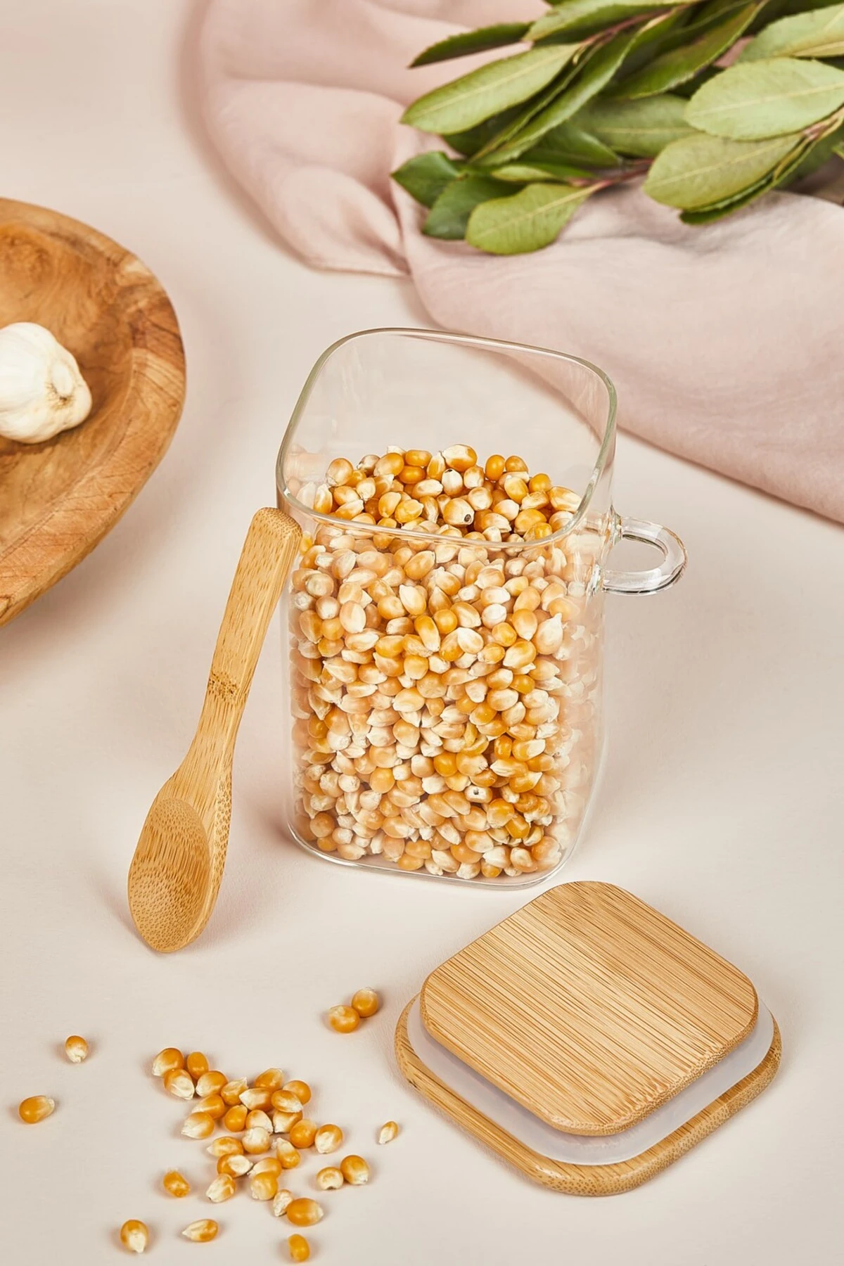 Kapaklı ve Kaşıklı Cam Kavanoz/Saklama Kabı - 12 CM - Lora Bianca