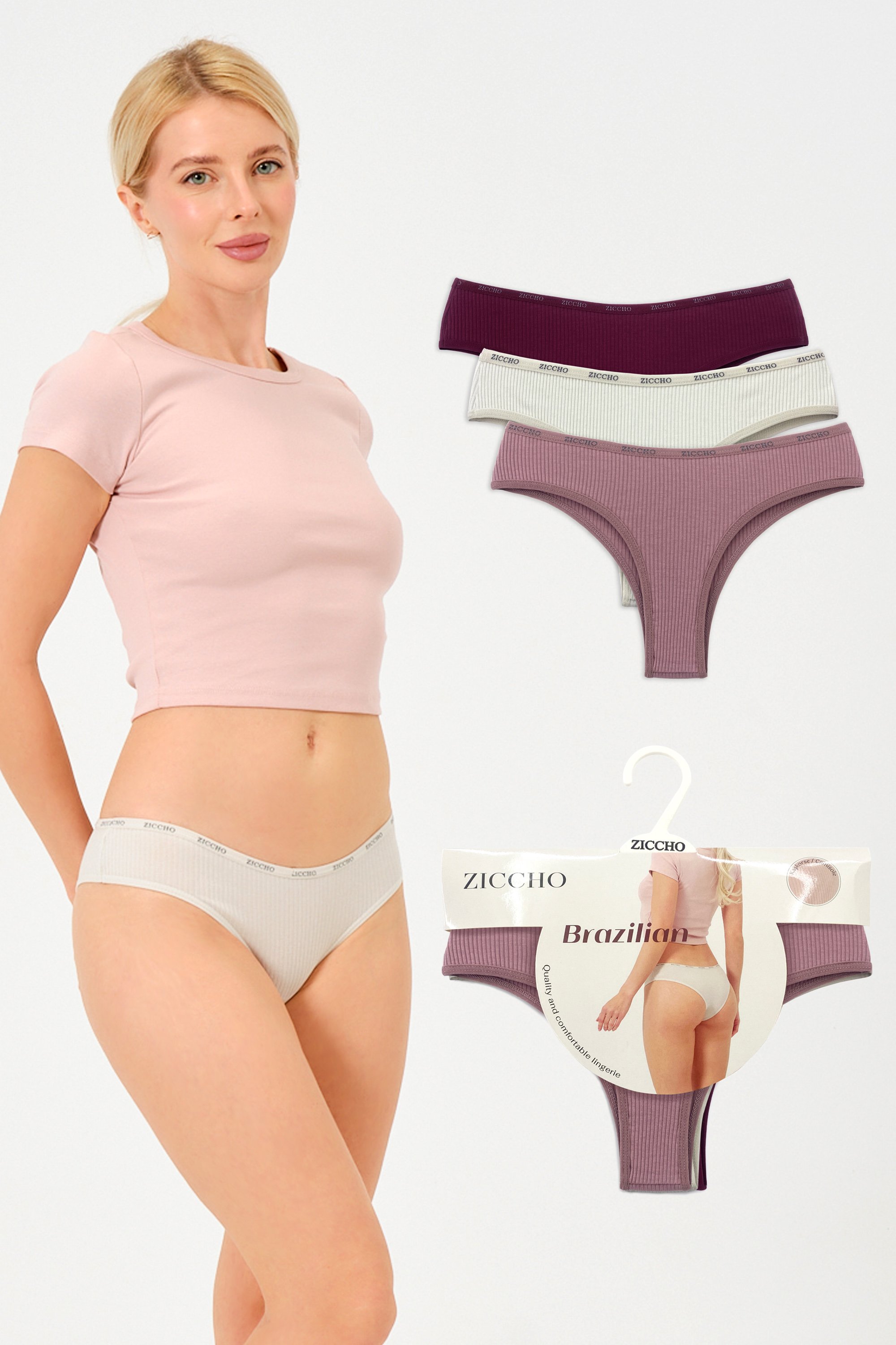 3'lü Paket Fitilli Pamuk Kumaş Brazilian Külot Set