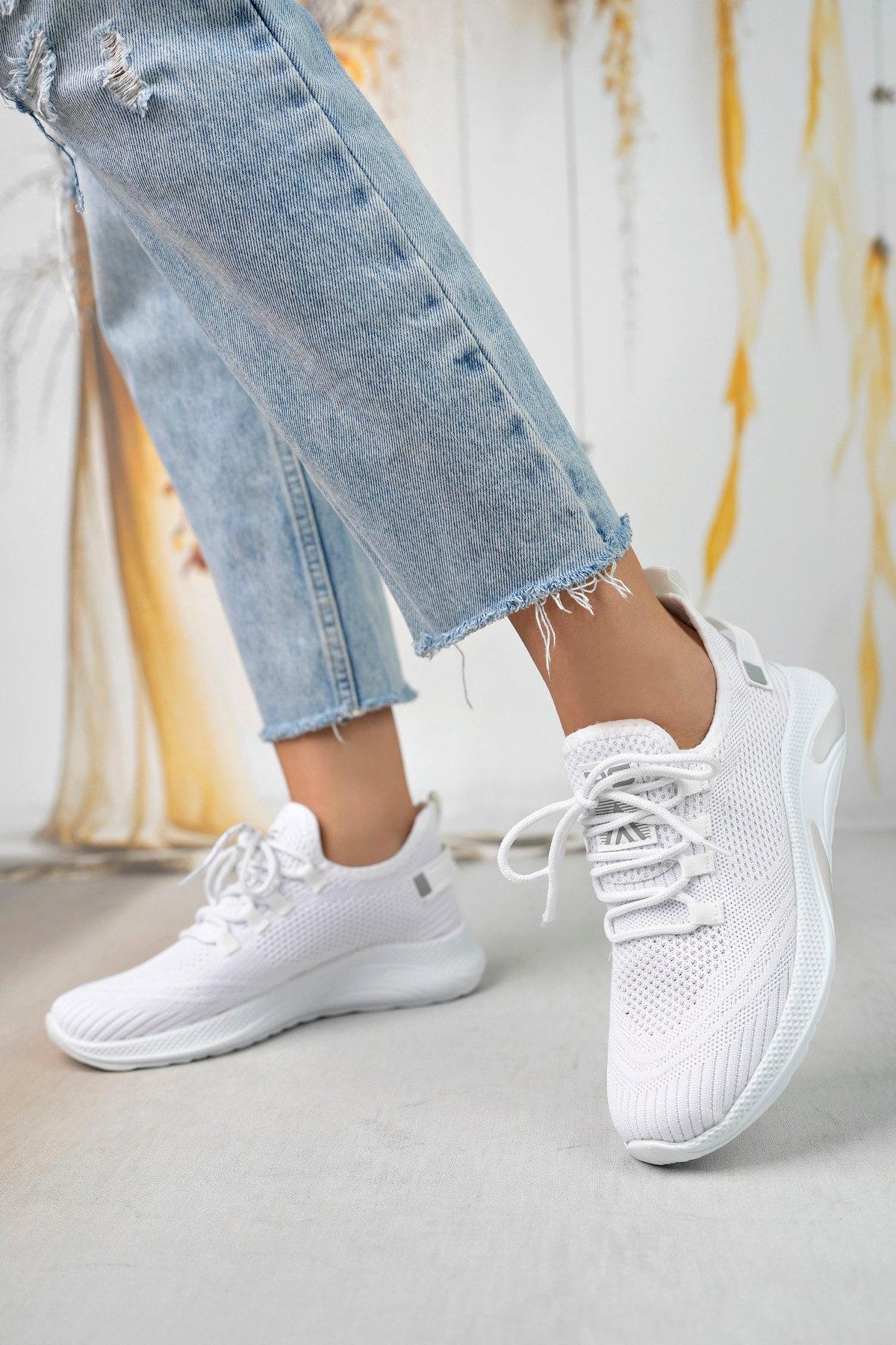 Unisex Triko Sneaker Rahat Hava Alabilen Kokusuz Spor Ayakkabı 4555 - Beyaz
