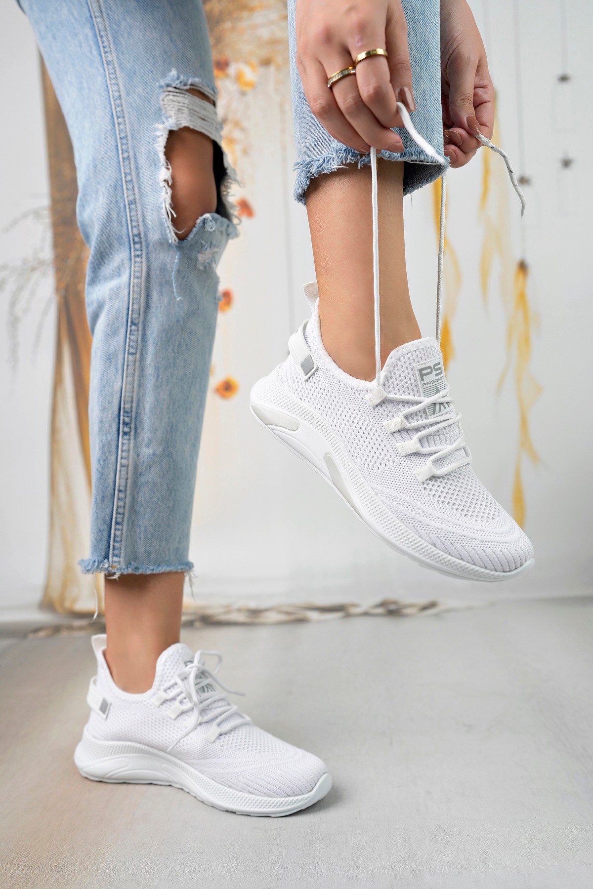 Unisex Triko Sneaker Rahat Hava Alabilen Kokusuz Spor Ayakkabı 4555 - Beyaz