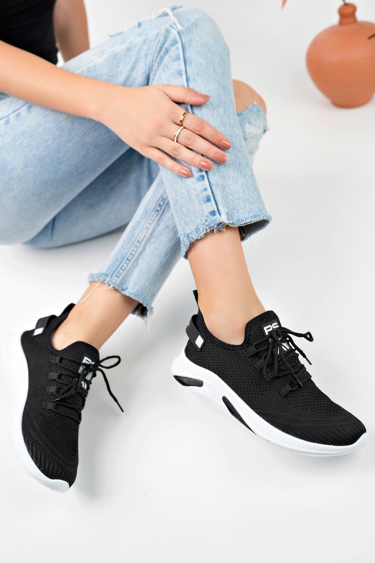 Unisex Triko Sneaker Rahat Hava Alabilen Kokusuz Spor Ayakkabı 4555 - Siyah Beyaz