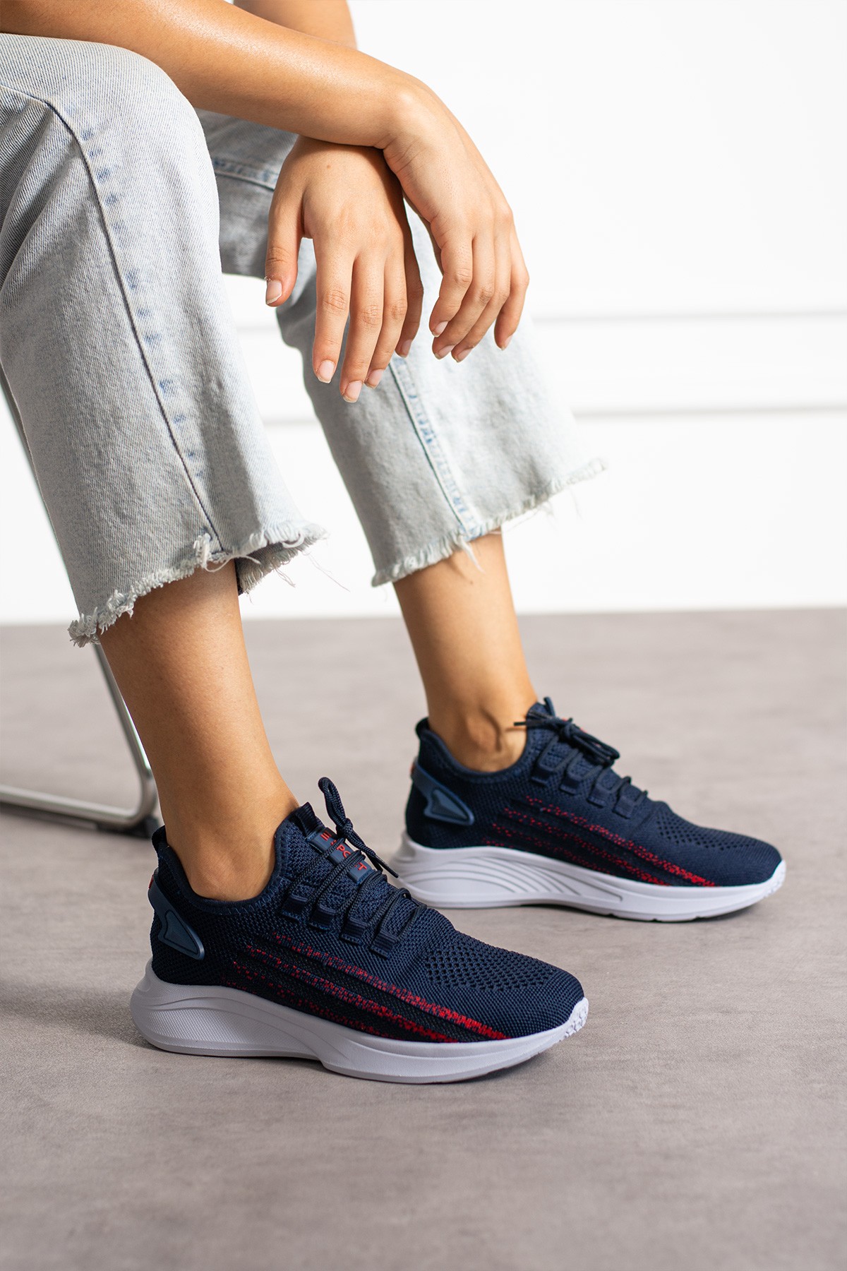 Unisex Yıkanabilir Rahat Hava Alabilen Kokusuz Triko Spor Ayakkabı Sneaker 015 - Lacivert Kırmızı