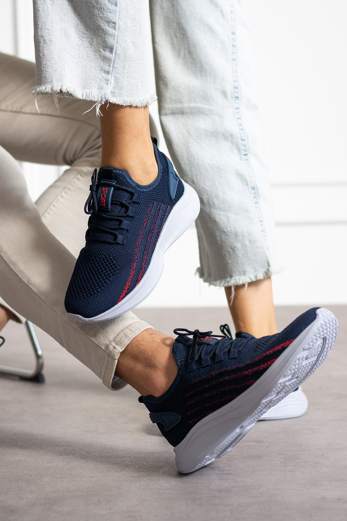 Unisex Yıkanabilir Rahat Hava Alabilen Kokusuz Triko Spor Ayakkabı Sneaker 015 - Lacivert Kırmızı