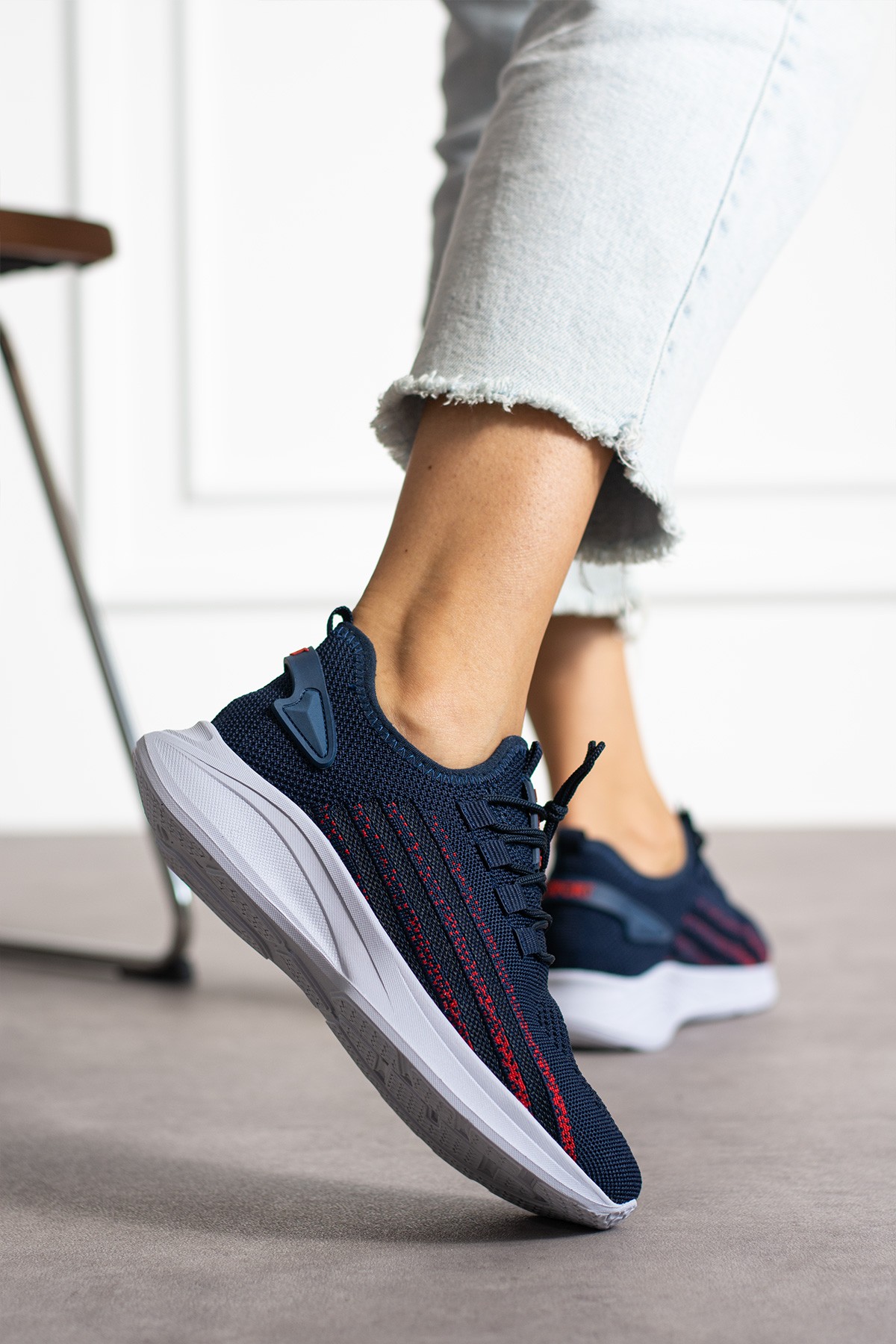 Unisex Yıkanabilir Rahat Hava Alabilen Kokusuz Triko Spor Ayakkabı Sneaker 015 - Lacivert Kırmızı