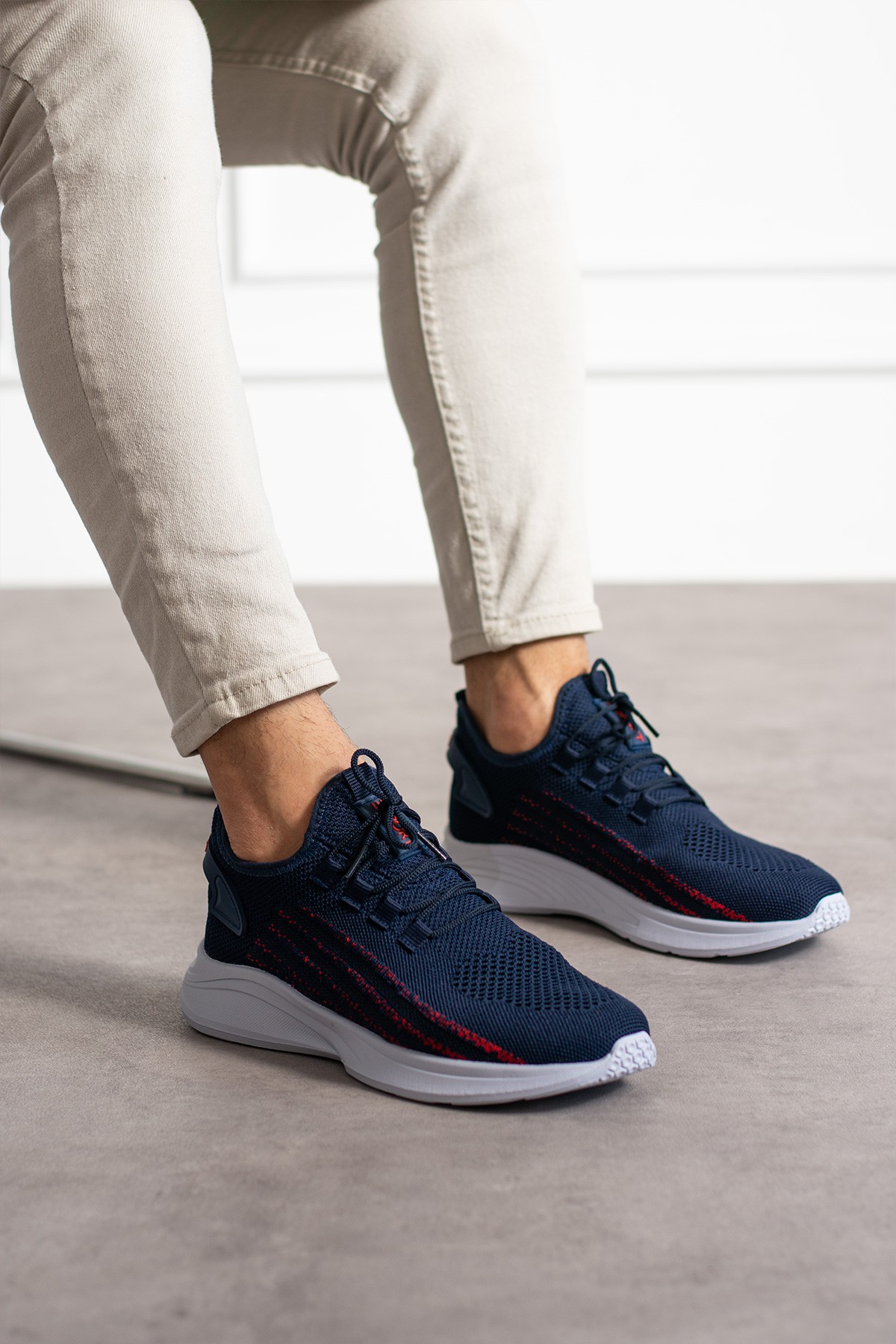 Unisex Yıkanabilir Rahat Hava Alabilen Kokusuz Triko Spor Ayakkabı Sneaker 015 - Lacivert Kırmızı