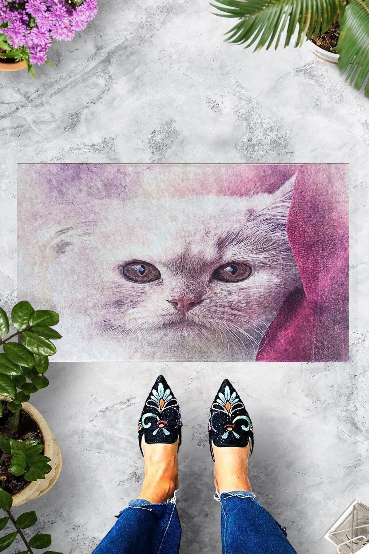 Dijital Baskılı Kedi Desenli Dekoratif Kapı Önü Paspası