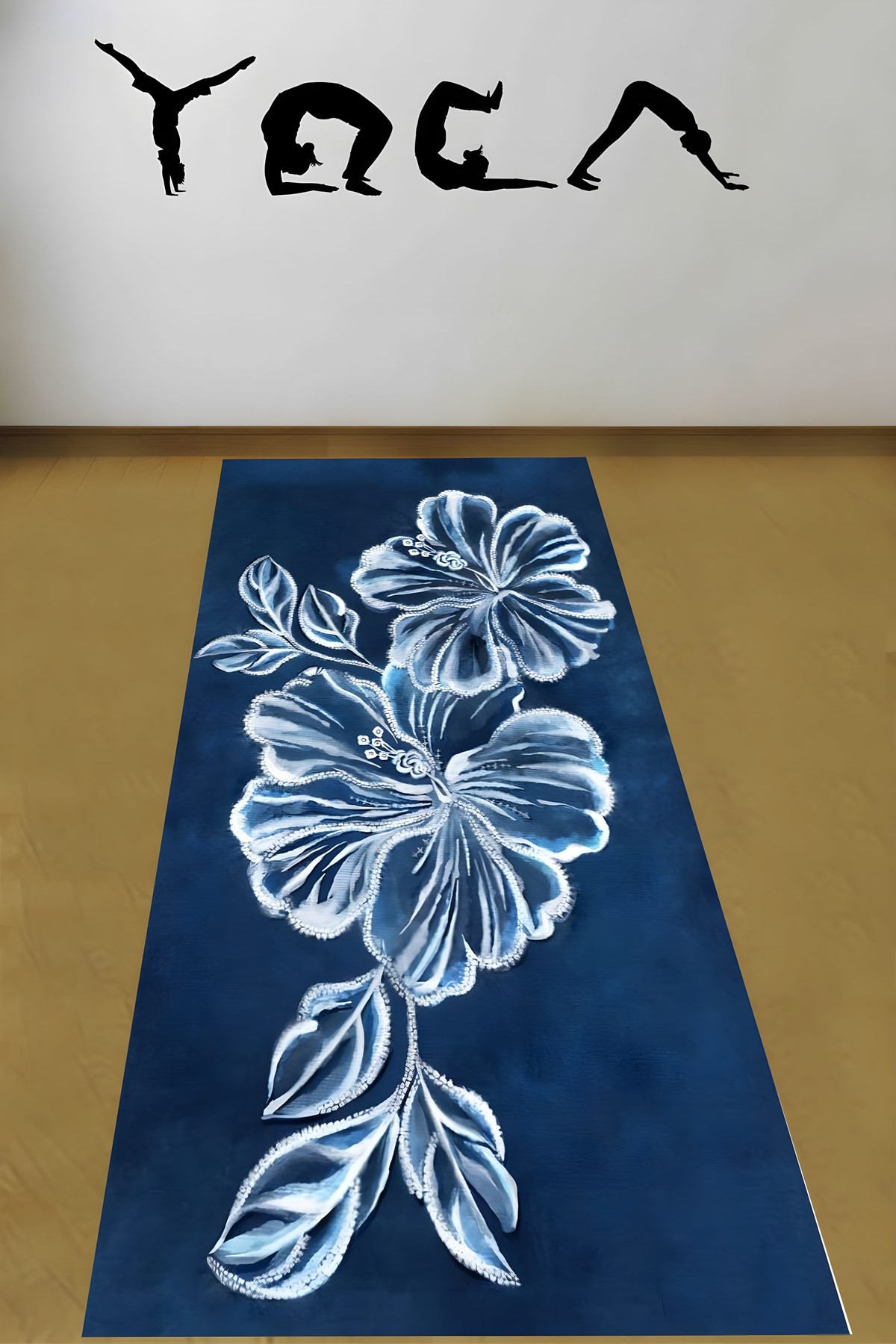 Lacivert Zemin Çiçek Desenli Minimal Yıkanabilir Kaymaz Taban Leke Tutmaz Yoga Matı Pilates Minderi
